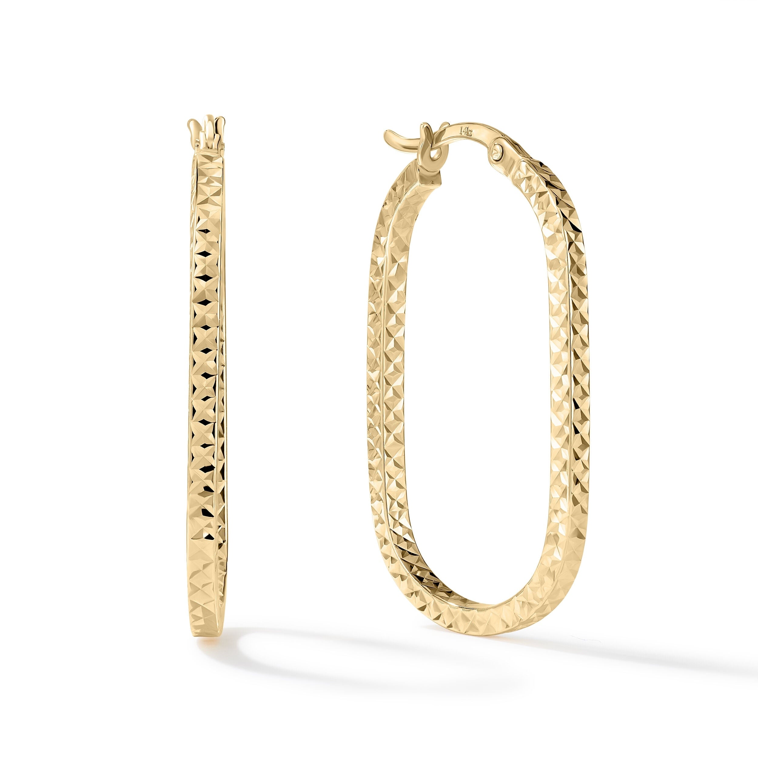 Clover 14K Yellow Gold Diamond Cut Oval Hoop Earrings
