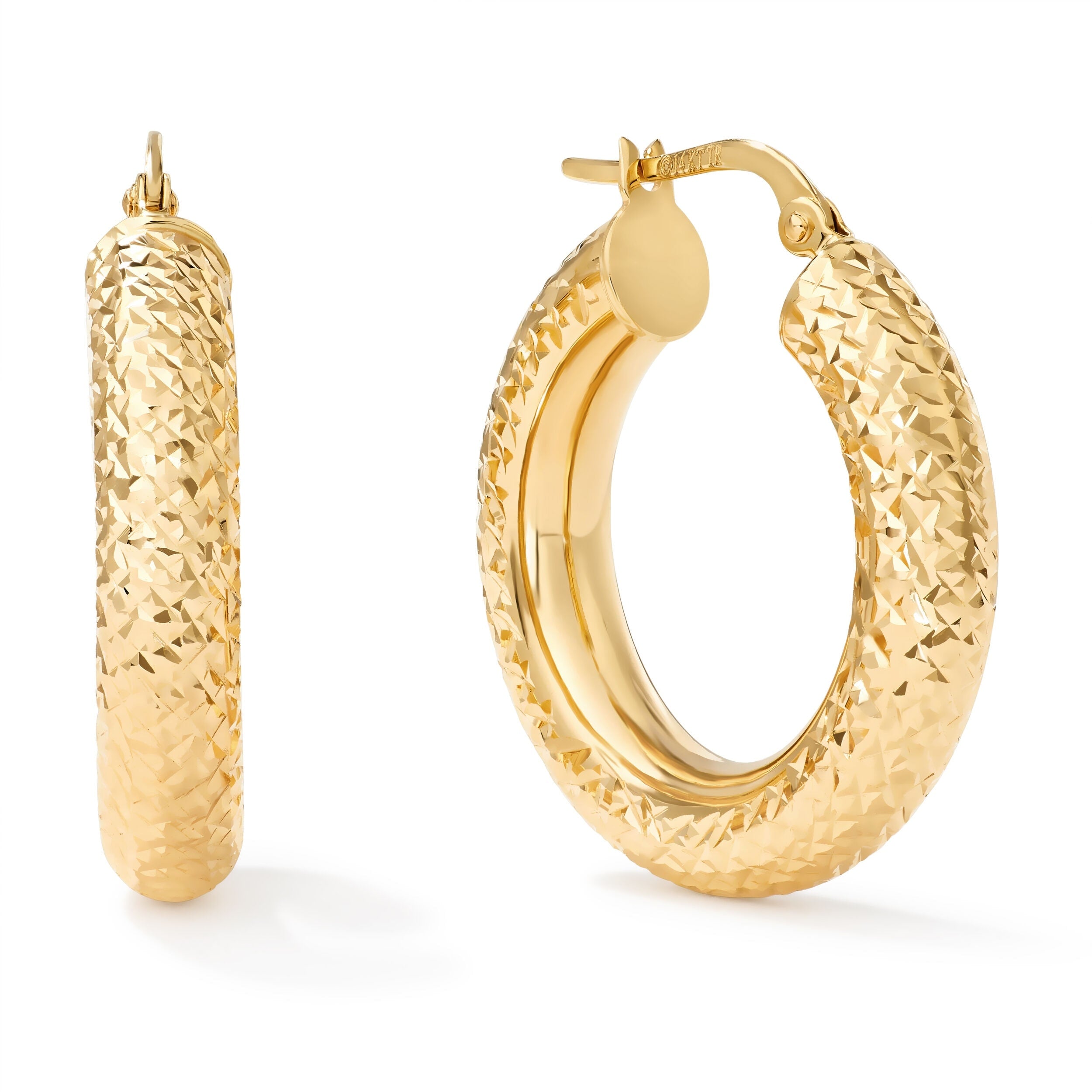 Clover 14K Yellow Gold Diamond Cut Round Hoop Earrings 3Mm 25 30Mm