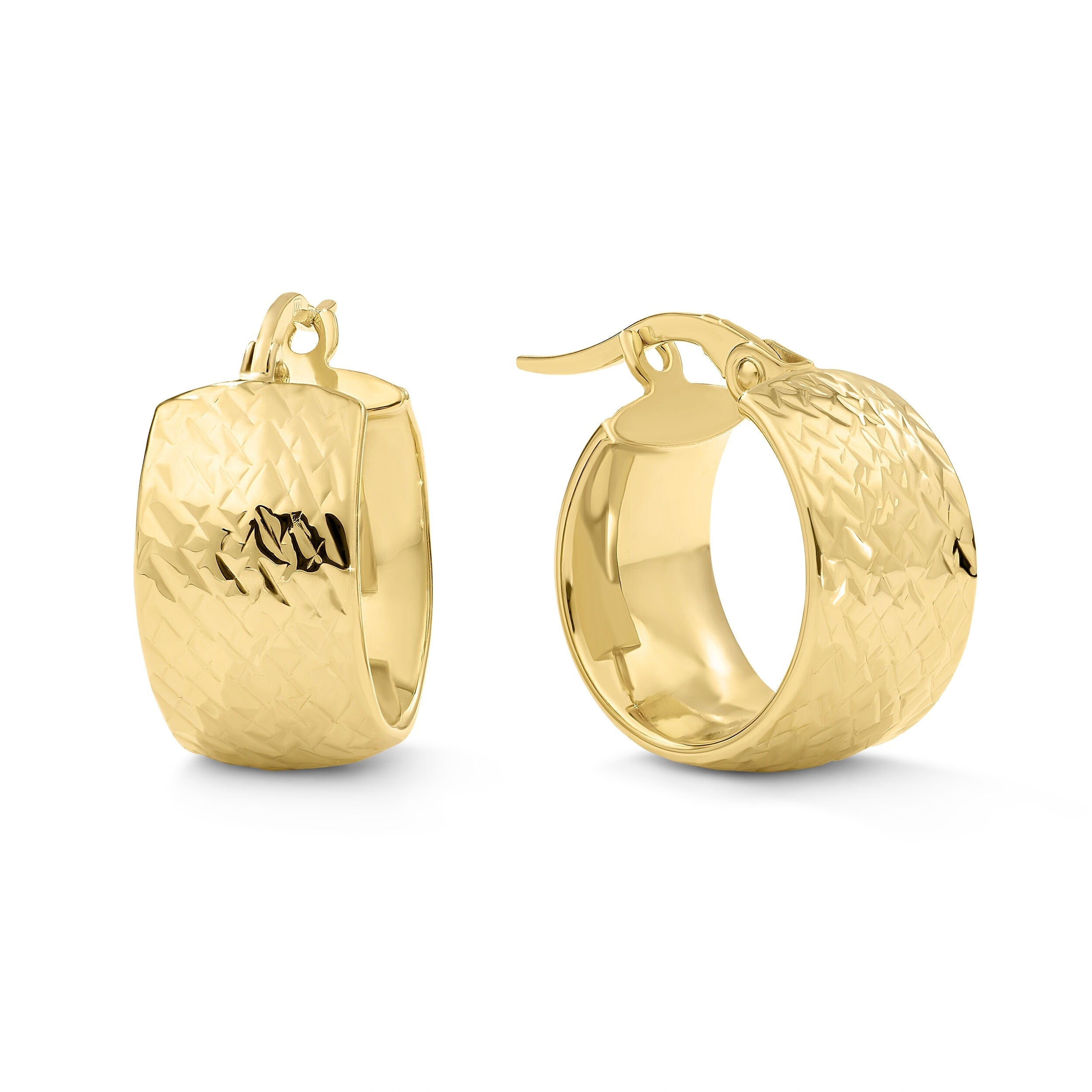 Clover 14K Yellow Gold Diamond Cut Textured Wide Hoop Earrings