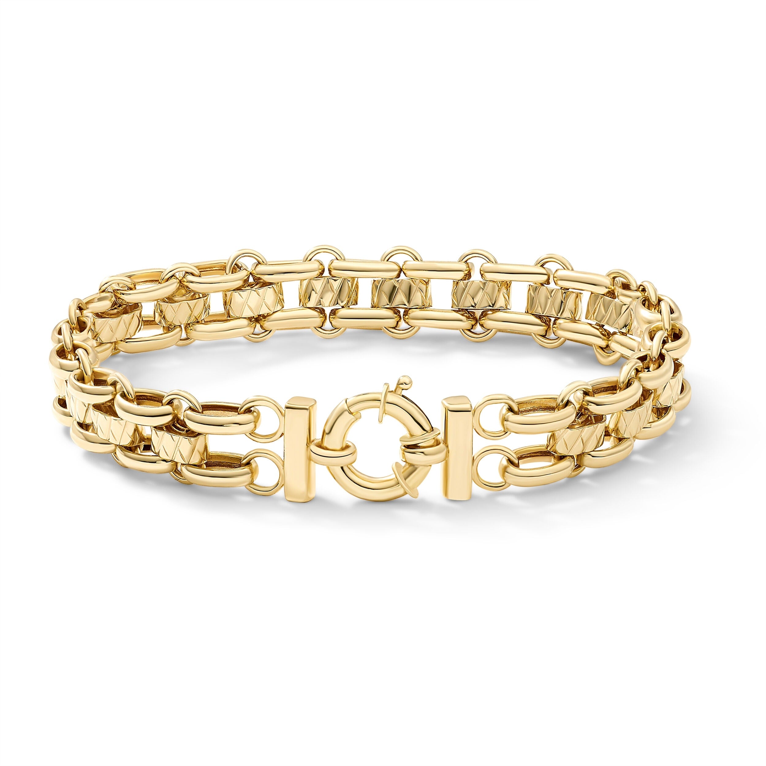 Clover 14K Yellow Gold Double Row Oval Link Bracelet With Diamond Cut Barrel Stations 7.5