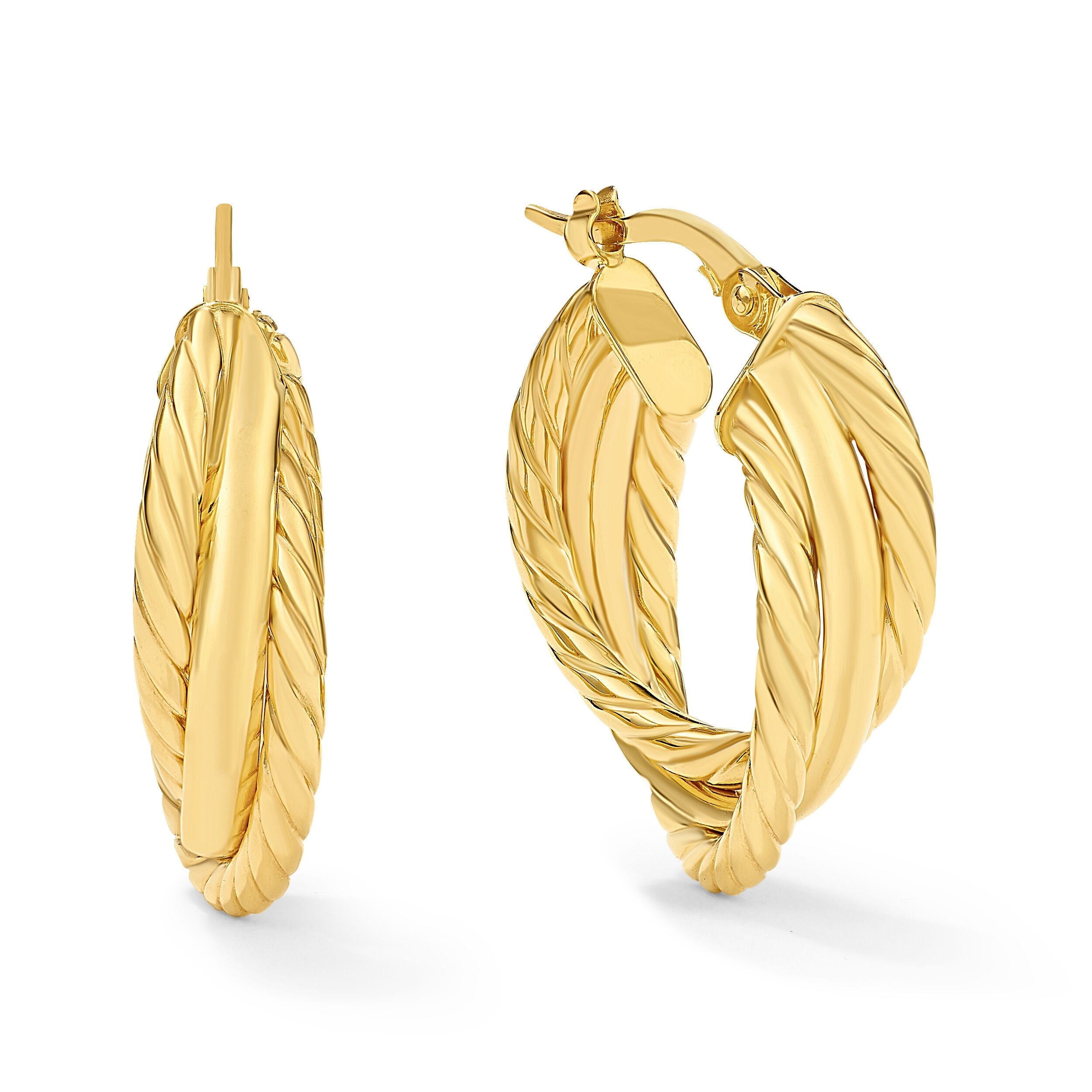 Clover 14K Yellow Gold High Polish Multi Row Twisted Textured Hoop Earrings
