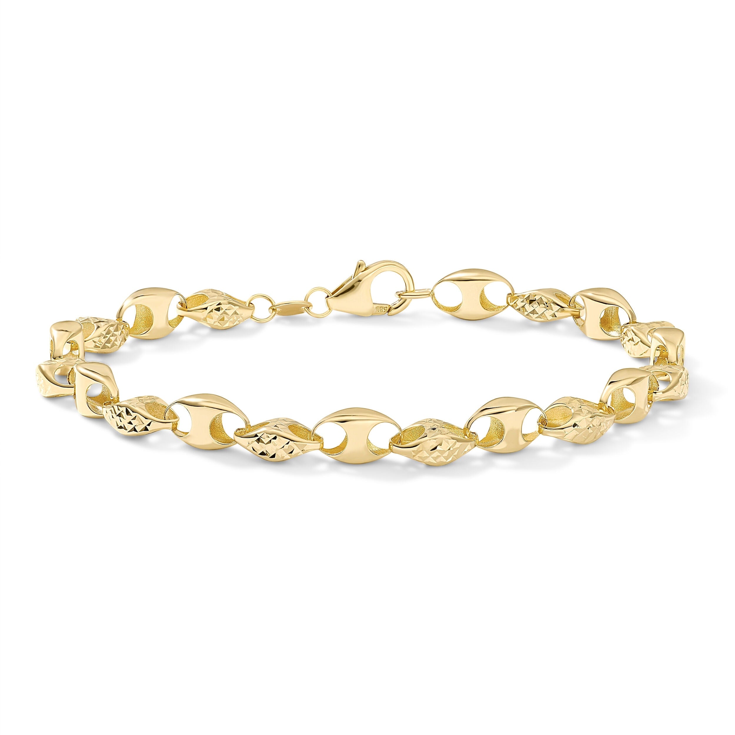 Clover 14K Yellow Gold Puffed Mariner Diamond Cut Marquise Link Bracelet 7.5