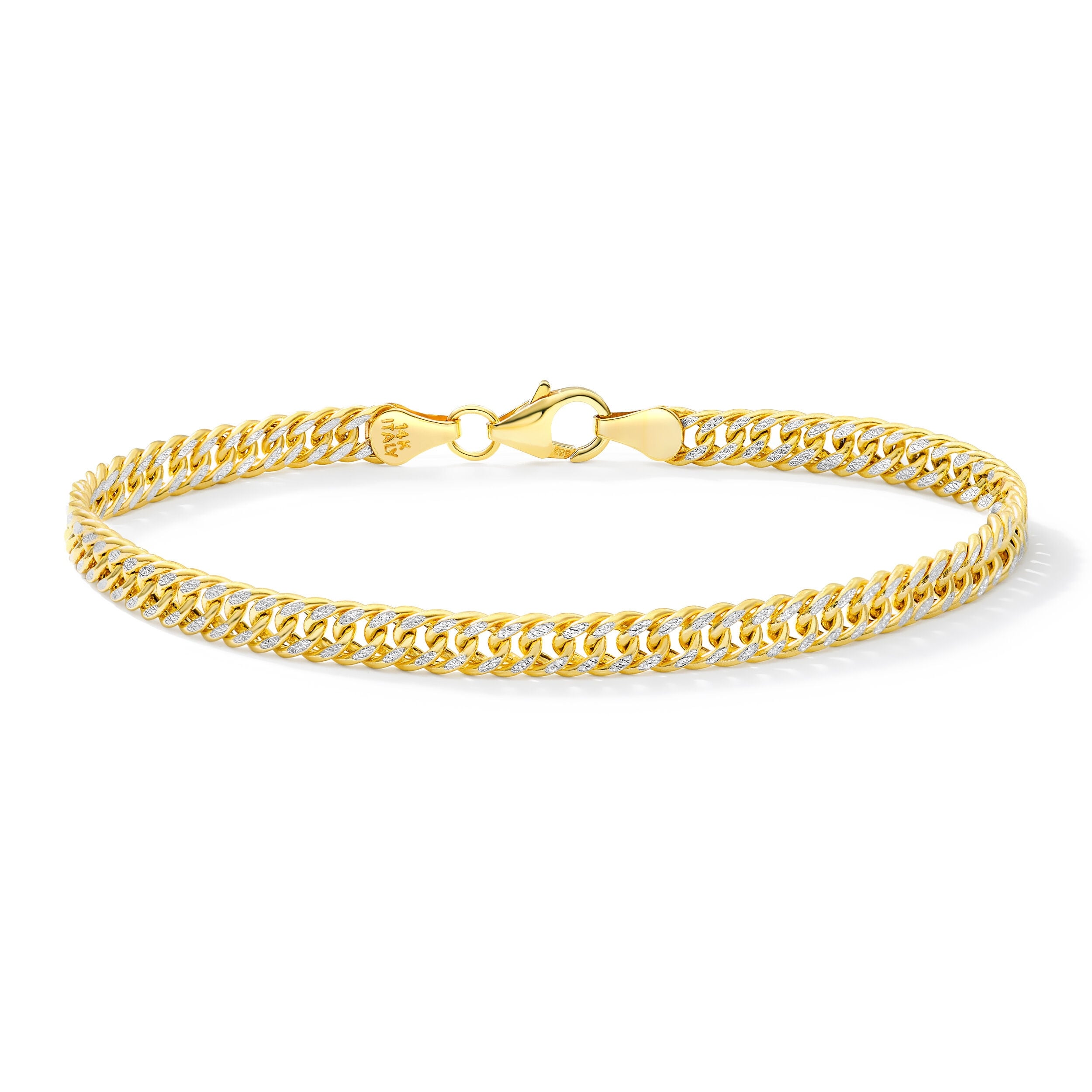 Clover 14K Yellow Gold Two Tone Diamond Cut Curb Link Bracelet 7.5
