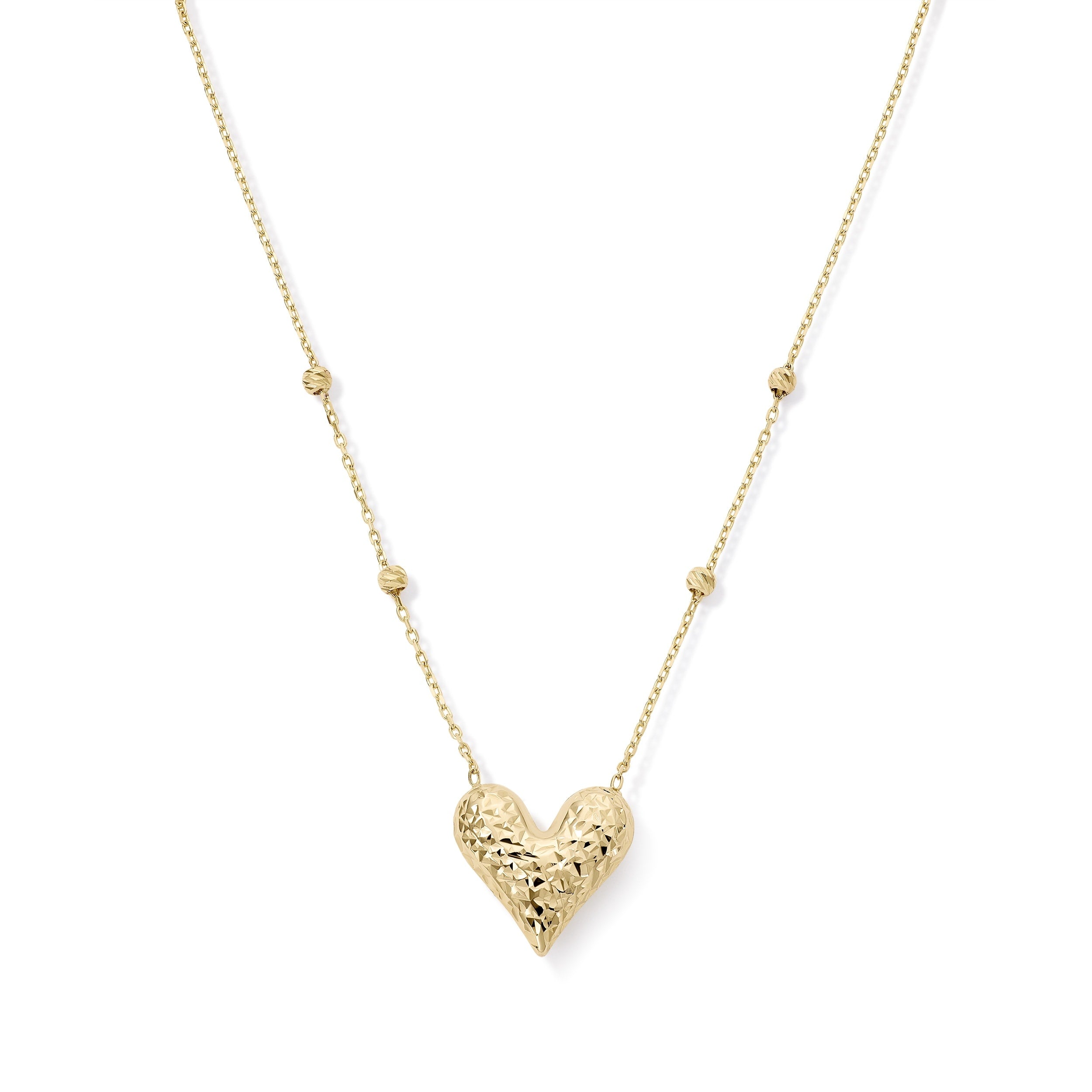 Clover 14K Yellow Gold Diamond Cut Heart Pendant Station Necklace