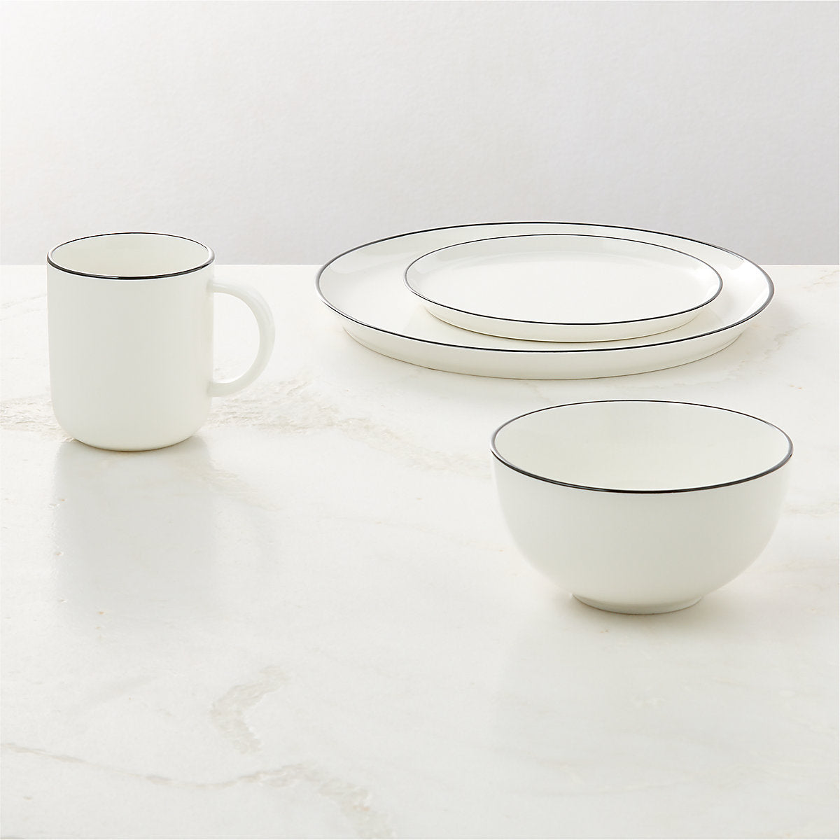 Contact White Ceramic Dinner Plates Black Rim Set of 8