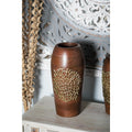 Large Cylinder Natural Wood Vase With Gold Metal Coral Design 7 X 15