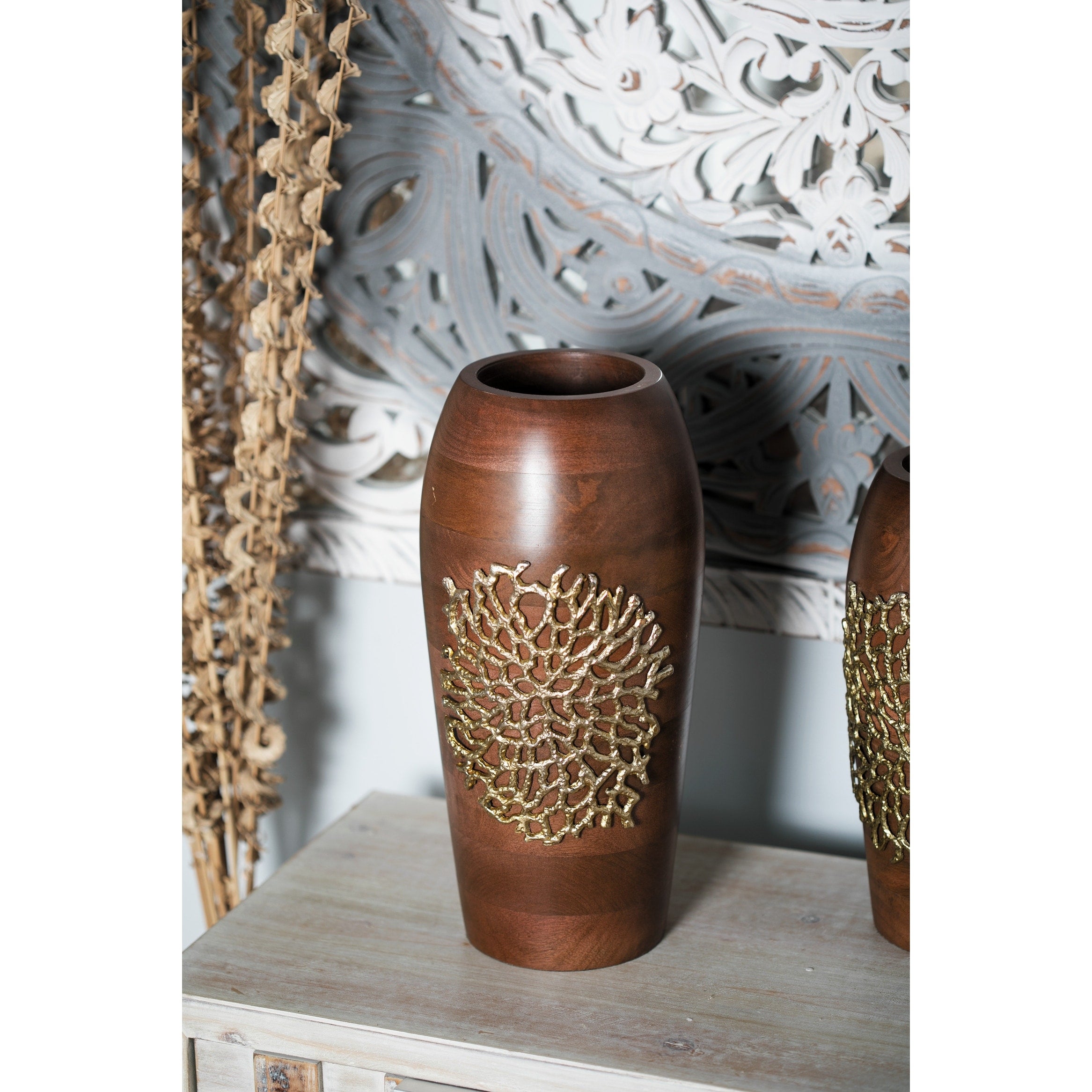 Large Cylinder Natural Wood Vase With Gold Metal Coral Design 7 X 15