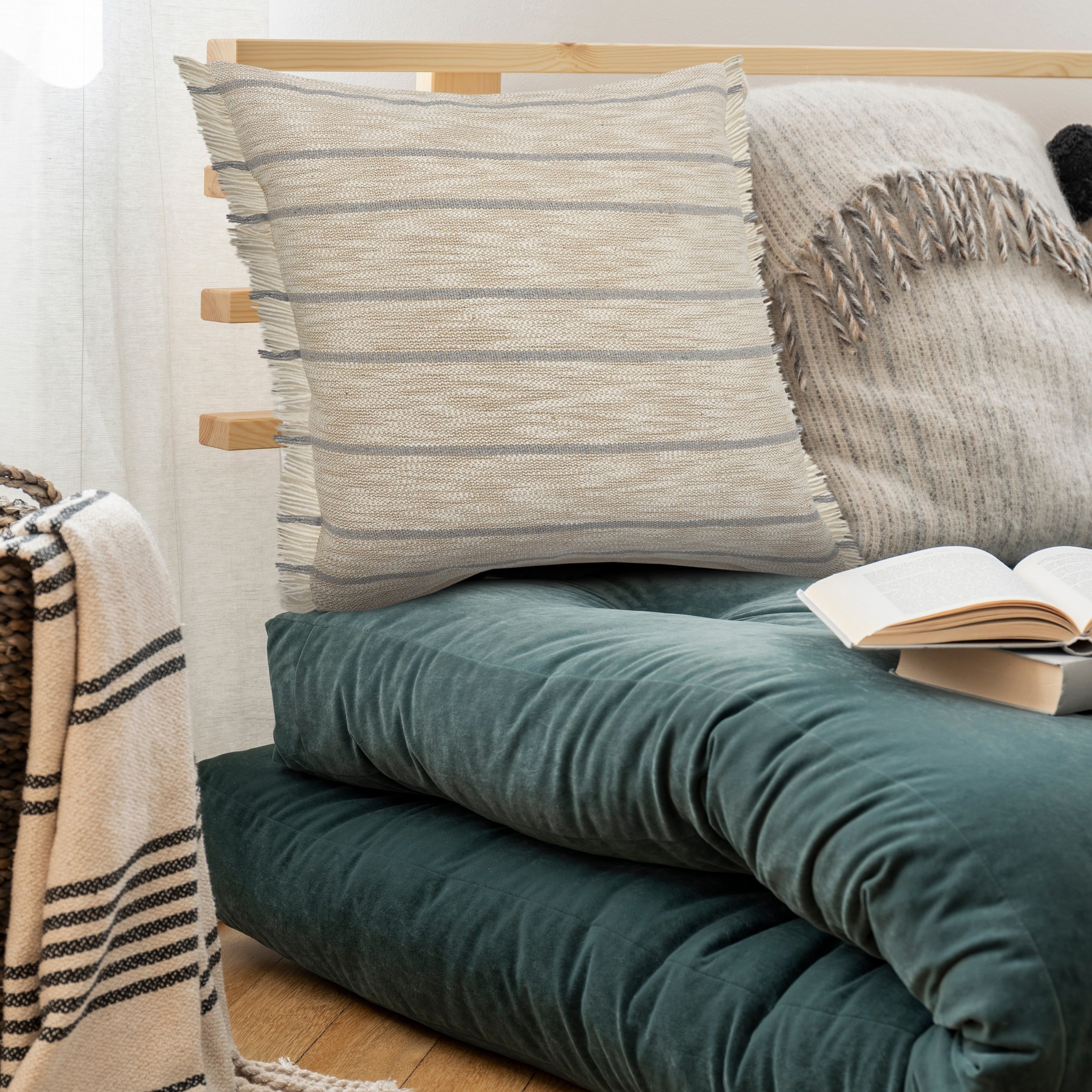 Coastal Cottage Minimalist Striped Throw Pillow With Fringe