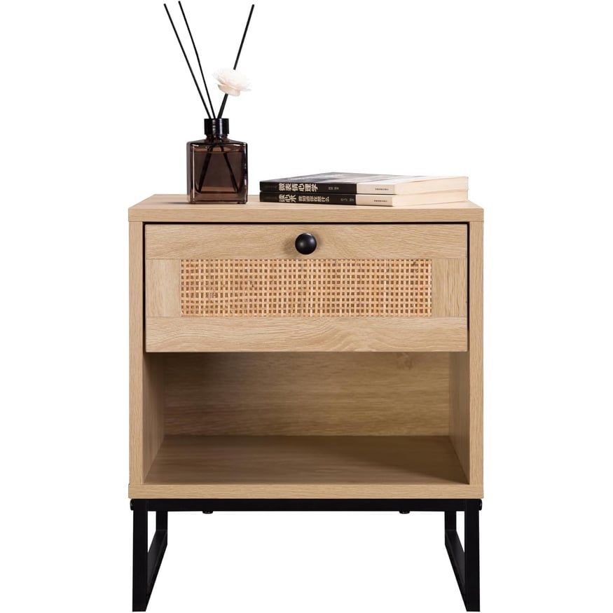 Coastal Modern Nightstand Birch Top With Black Metal Legs Drawer