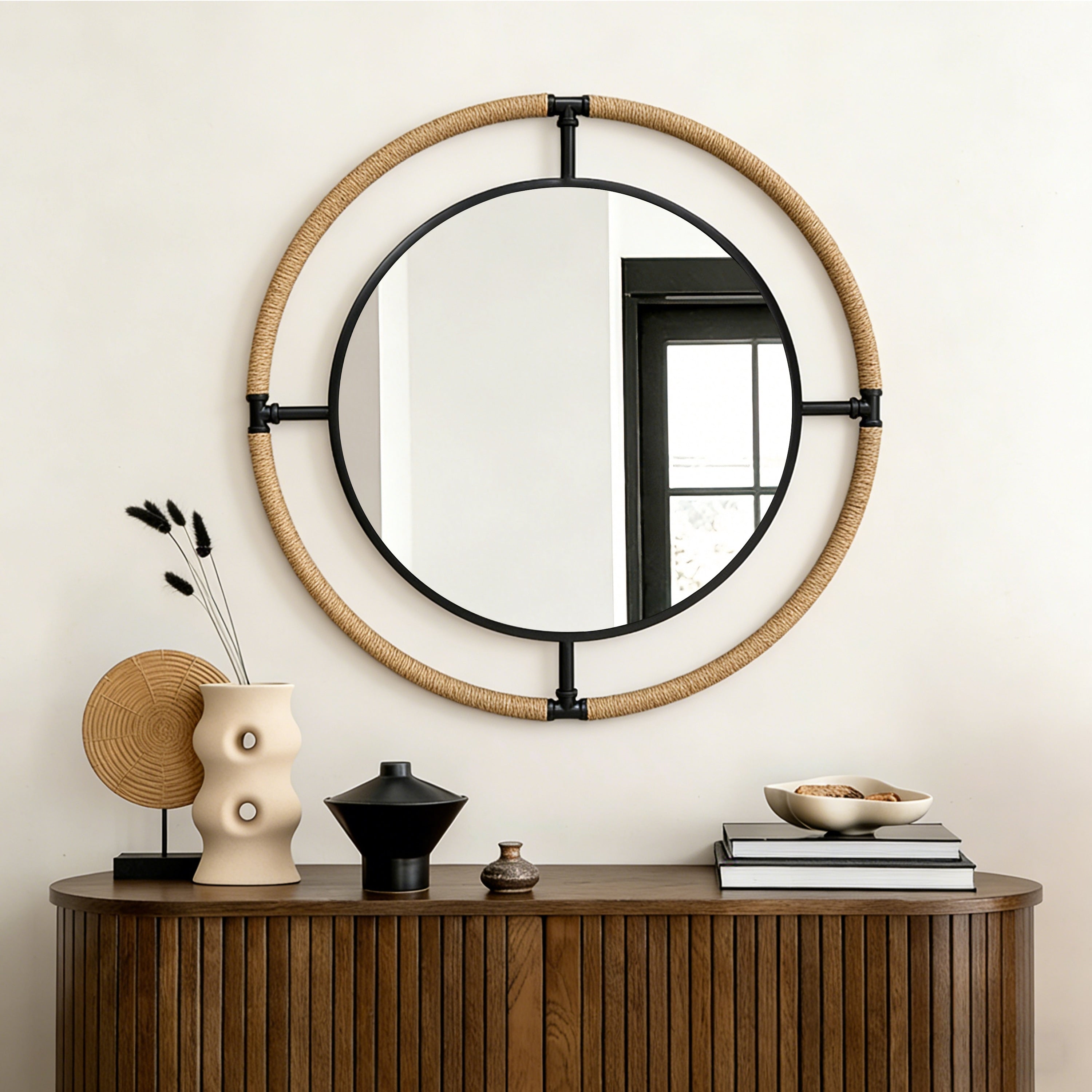 Coastal Rope Iron Round Wall Mirror Hanging Decor For Living Room 32 X32