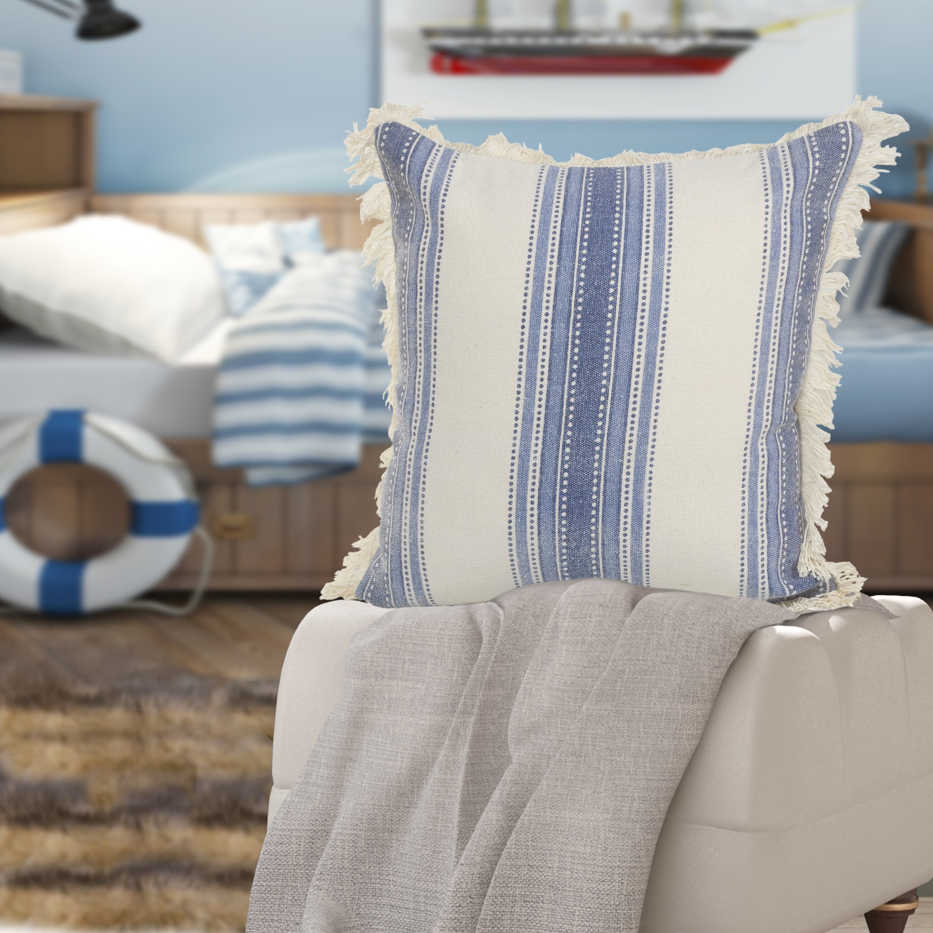Coastal Striped Blue And Cream Throw Pillow