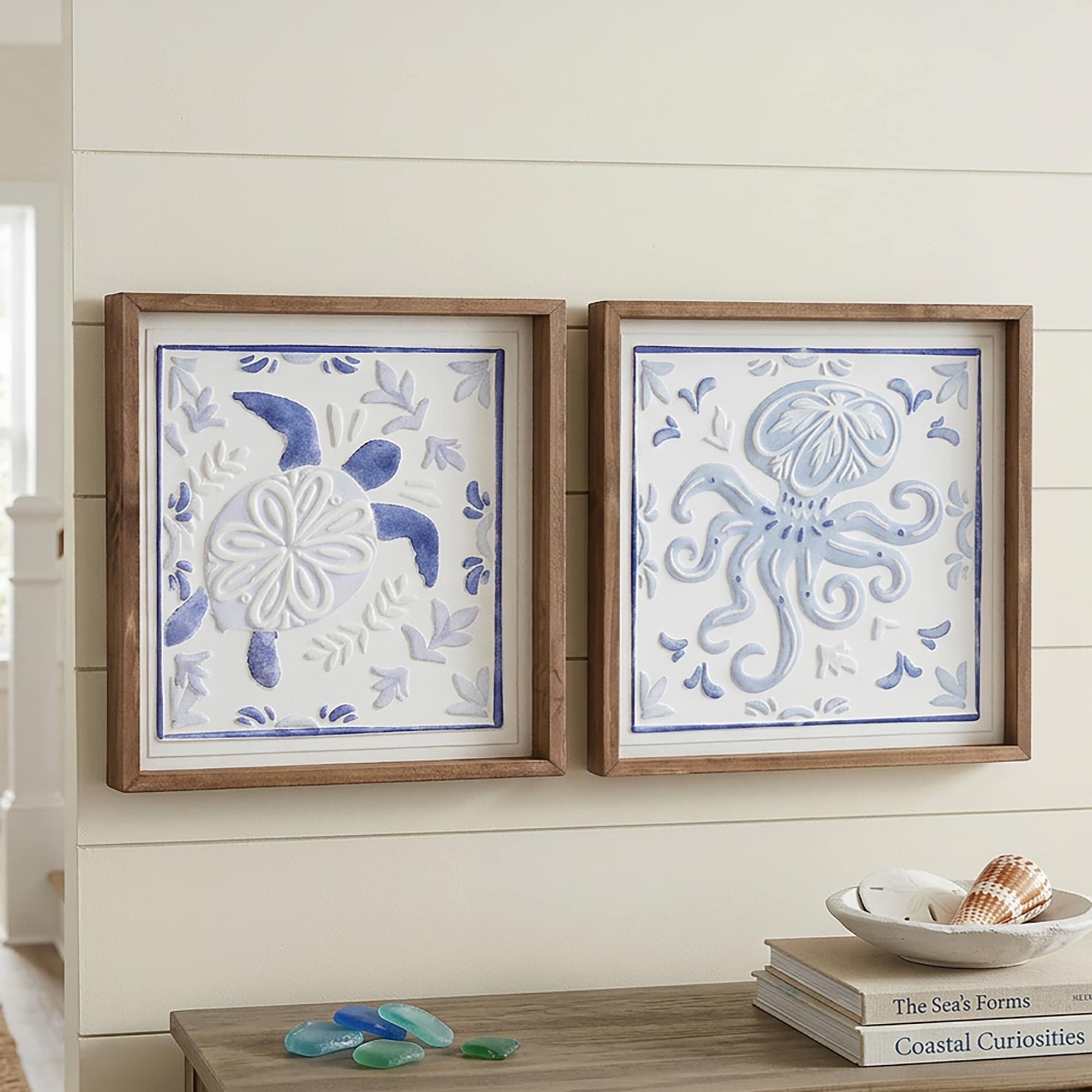 Coastal Turtle And Octopus Framed Wall Art Set Of 2 Nautical Beach House Wall Decor For Bathroom Or Bedroom