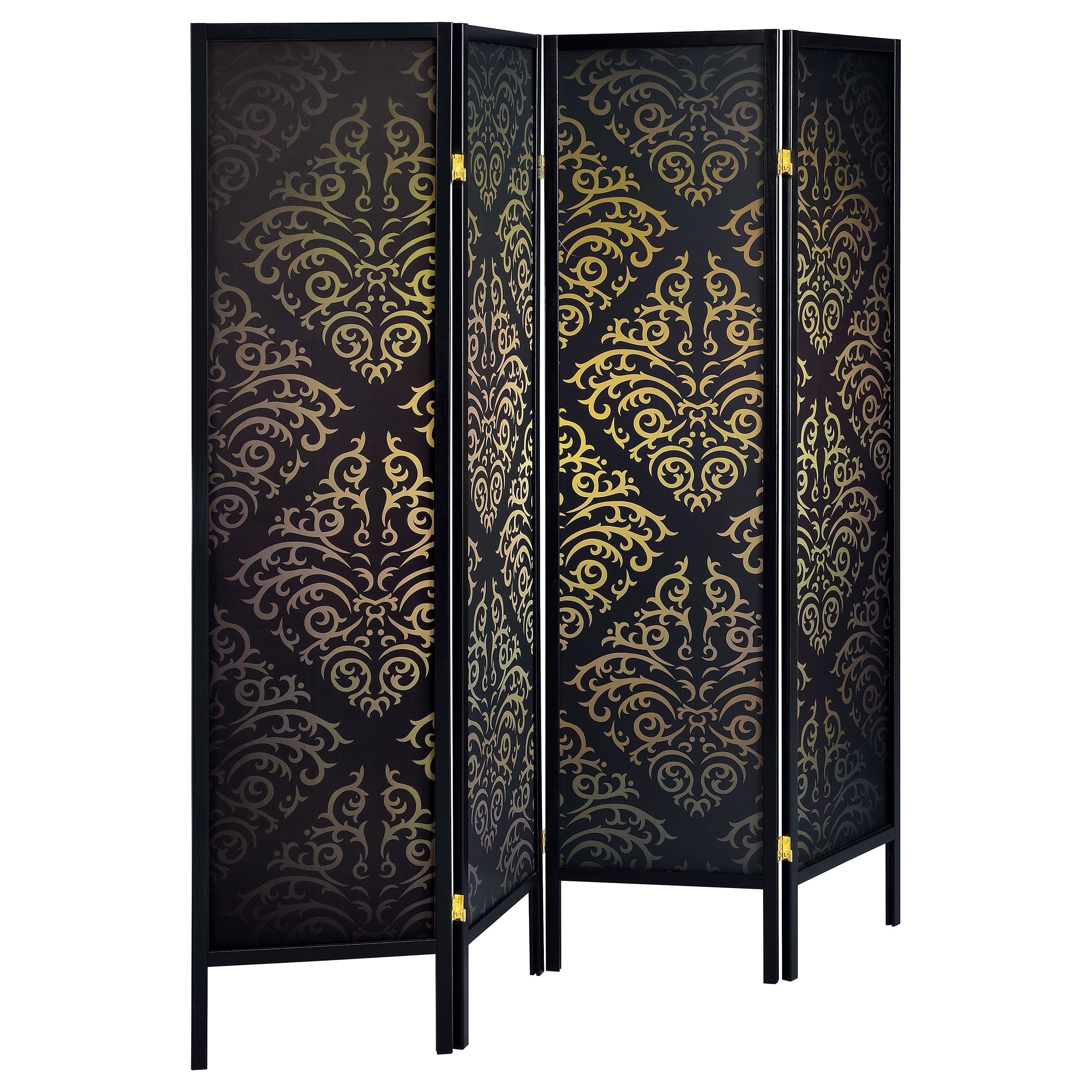 Coaster Company Black And Goldtone Damask Wood Folding 4 Panel Screen