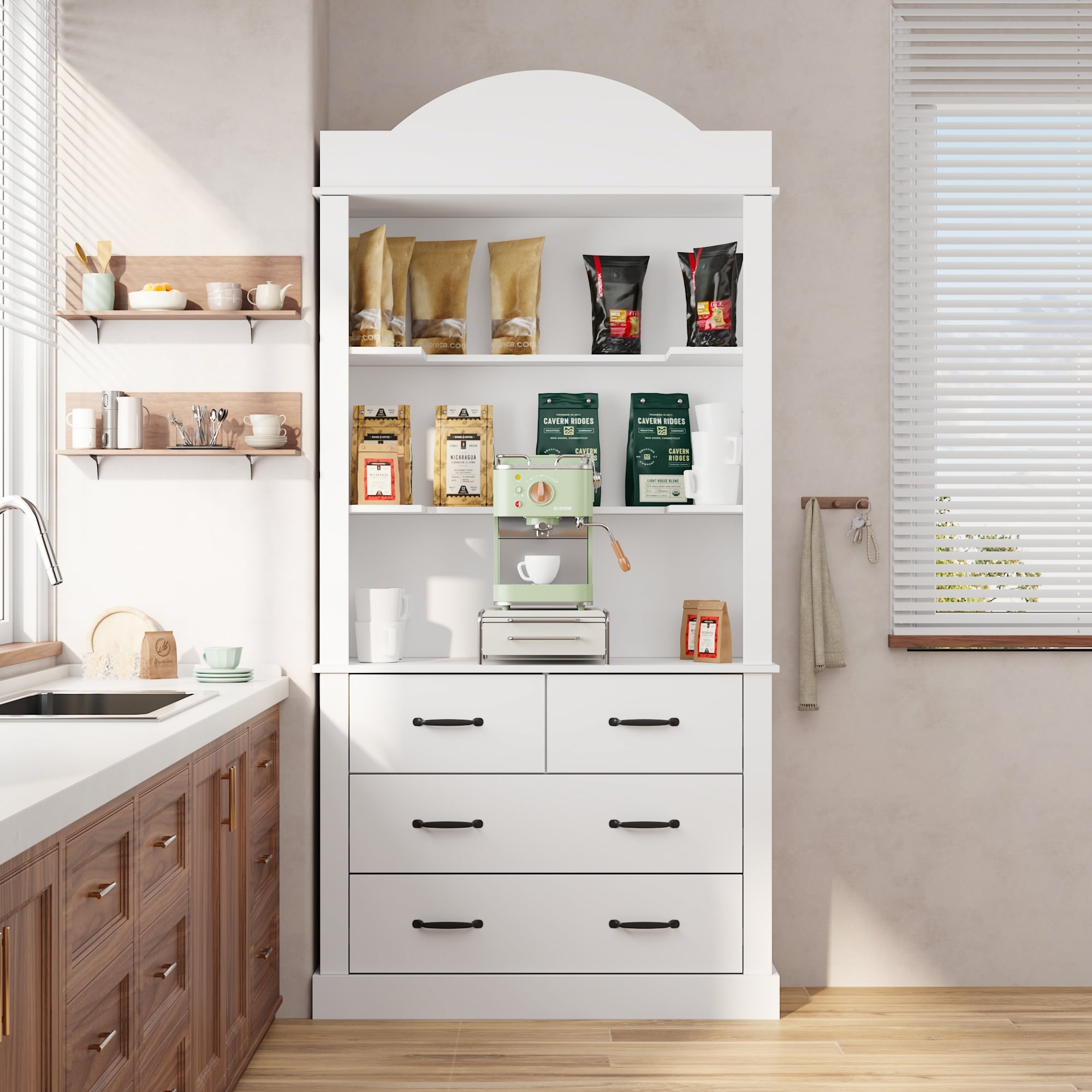 Coffee Cabinet With Hutch Storage Drawers Open Shelves Kitchen Hutch Display Cabinet For Coffee Bar Pantry