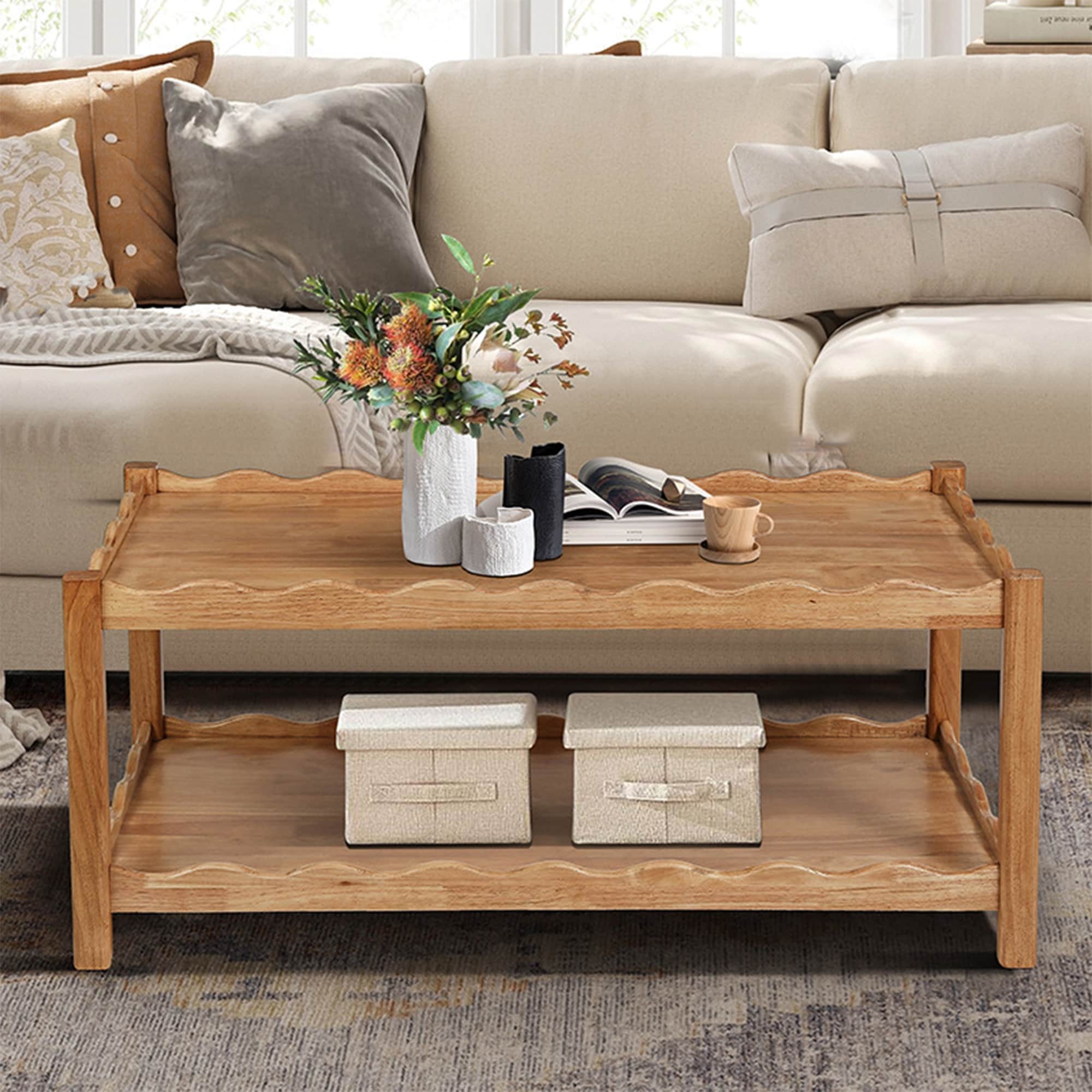 Coffee Table Rectangular Center Table With Open Storage Shelf Natural Side Table Sofa Table With Wood Legs