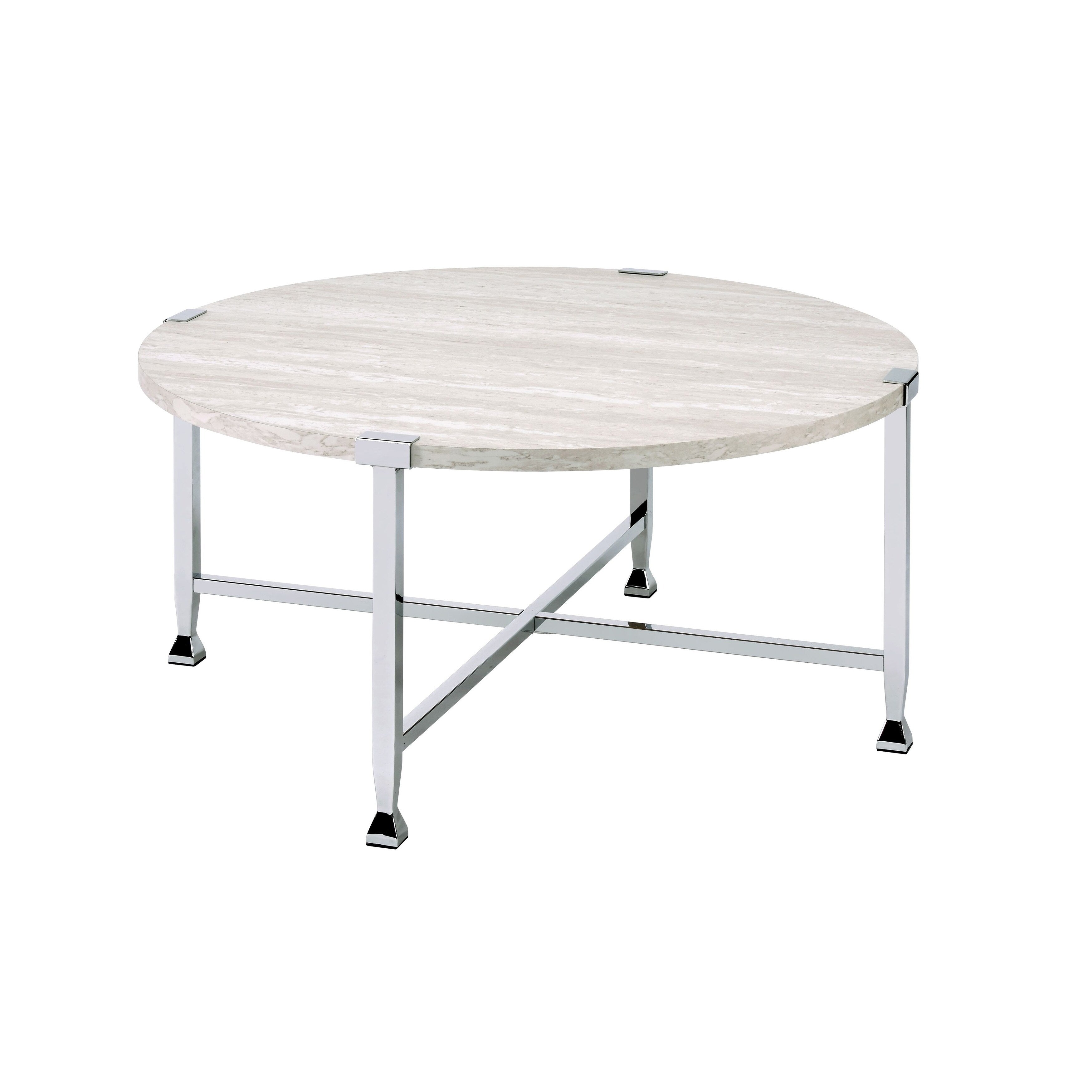 Coffee Table With X Shaped Metal Base And Round Wooden Top Silver And Beige