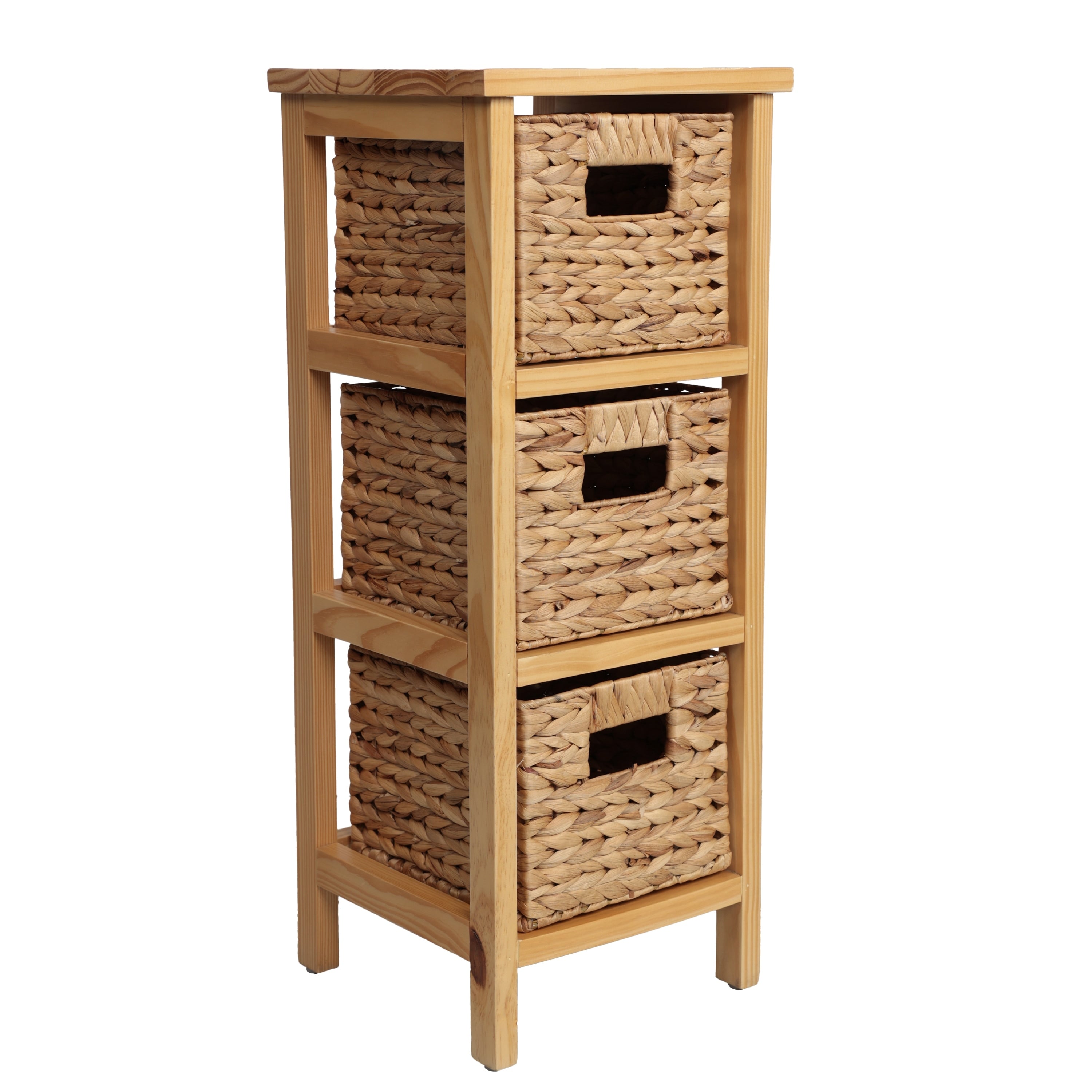 Cohen 27.5 In. H Coastal Handcrafted Pine Wood 3 Tier Storage Cabinet With 3 Water Hyacinth Woven Baskets
