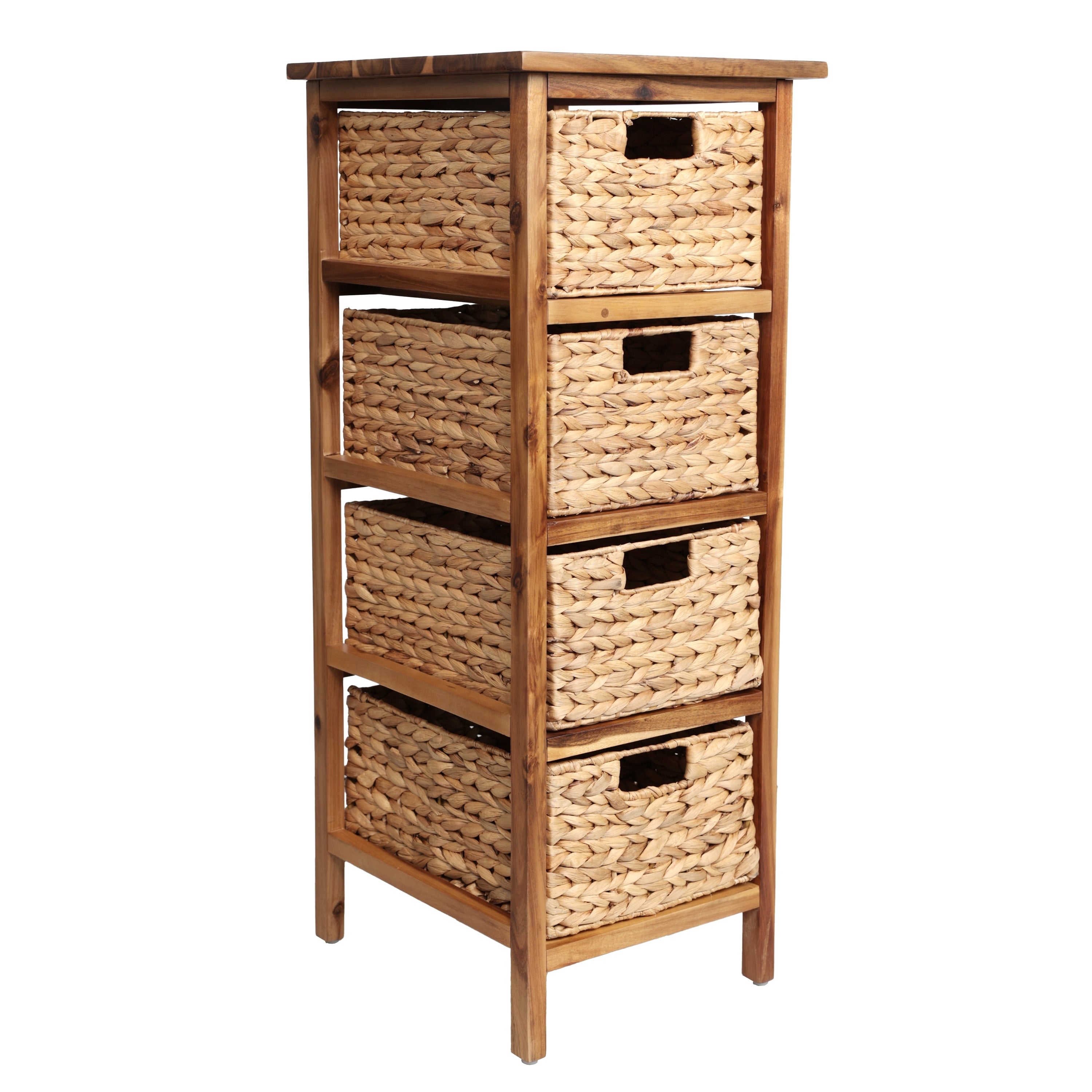 Cohen 33.5 In. H Coastal Bohemian Handcrafted Acacia Wood 4 Tier Storage Cabinet With 4 Water Hyacinth Woven Baskets
