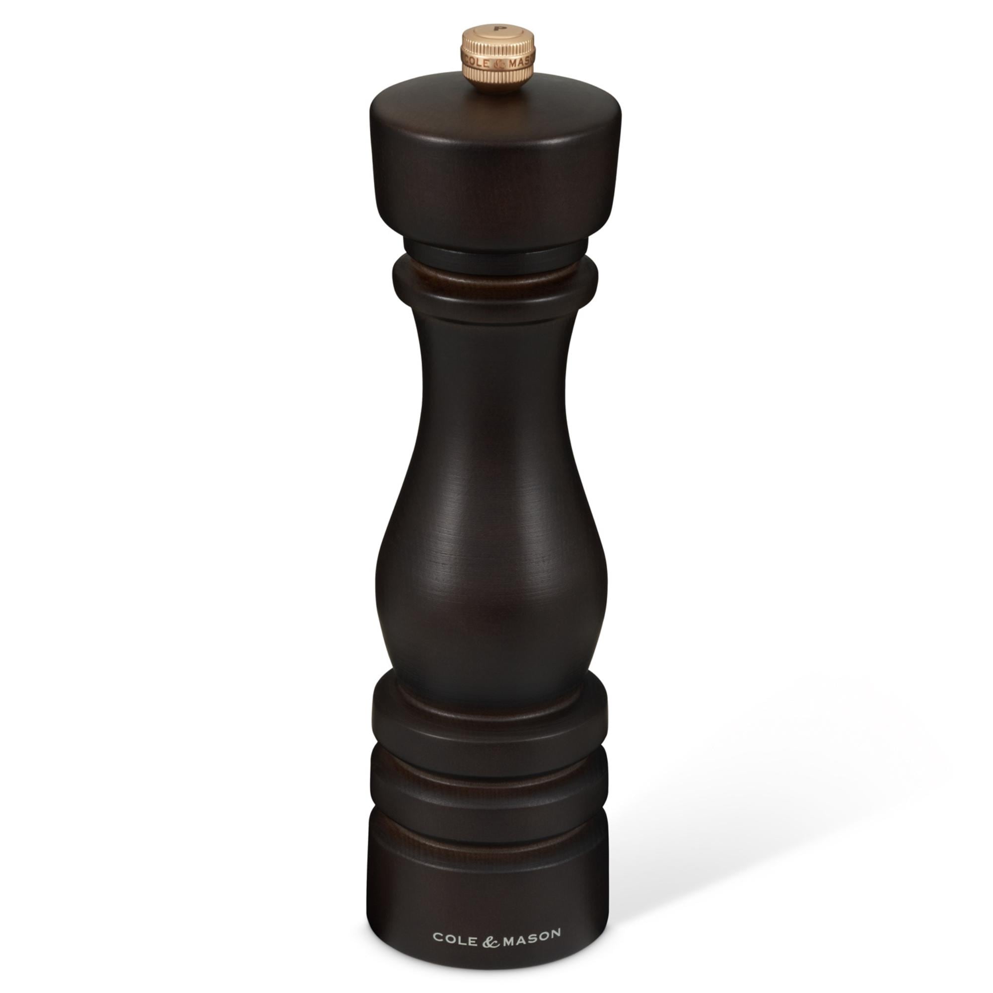 Cole Mason London Chocolate Wood Pepper Mill 8 Adjustable Grind Durable Carbon Steel Mechanism