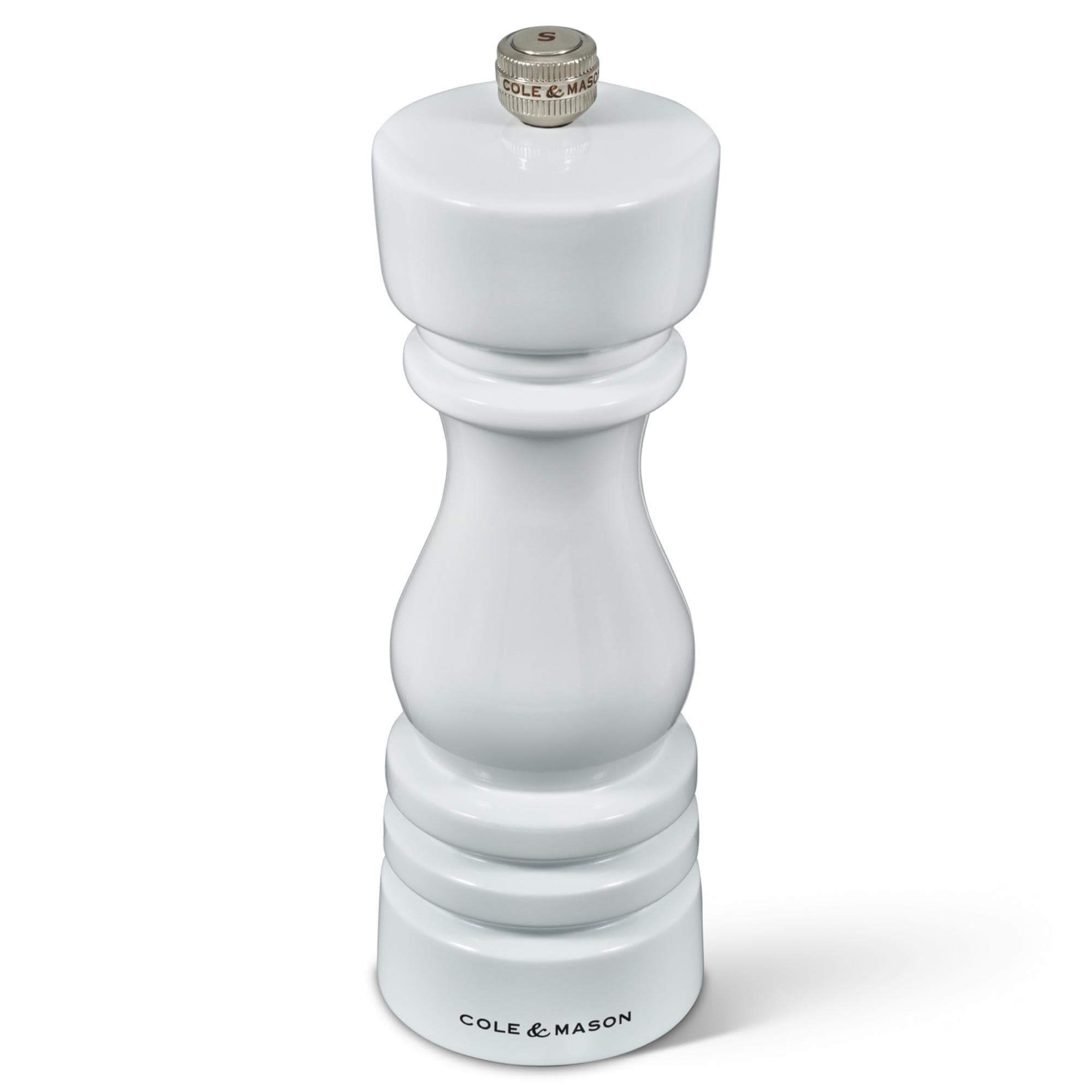 Cole Mason London White Gloss Salt Mill 7 Adjustable Grind Durable Ceramic Mechanism