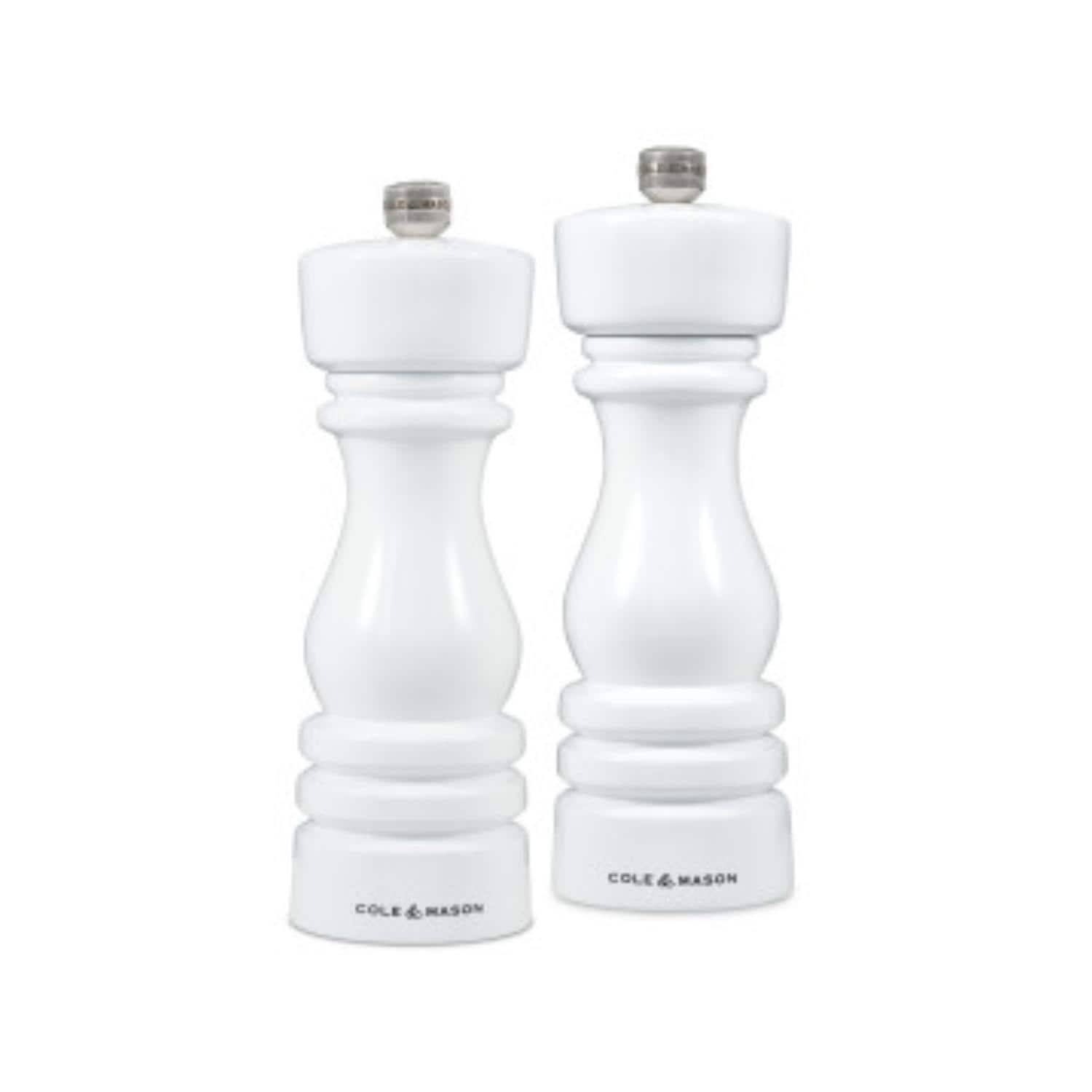 Cole Mason London White Gloss Salt Pepper Mills 7 Adjustable Grind Durable Mechanisms