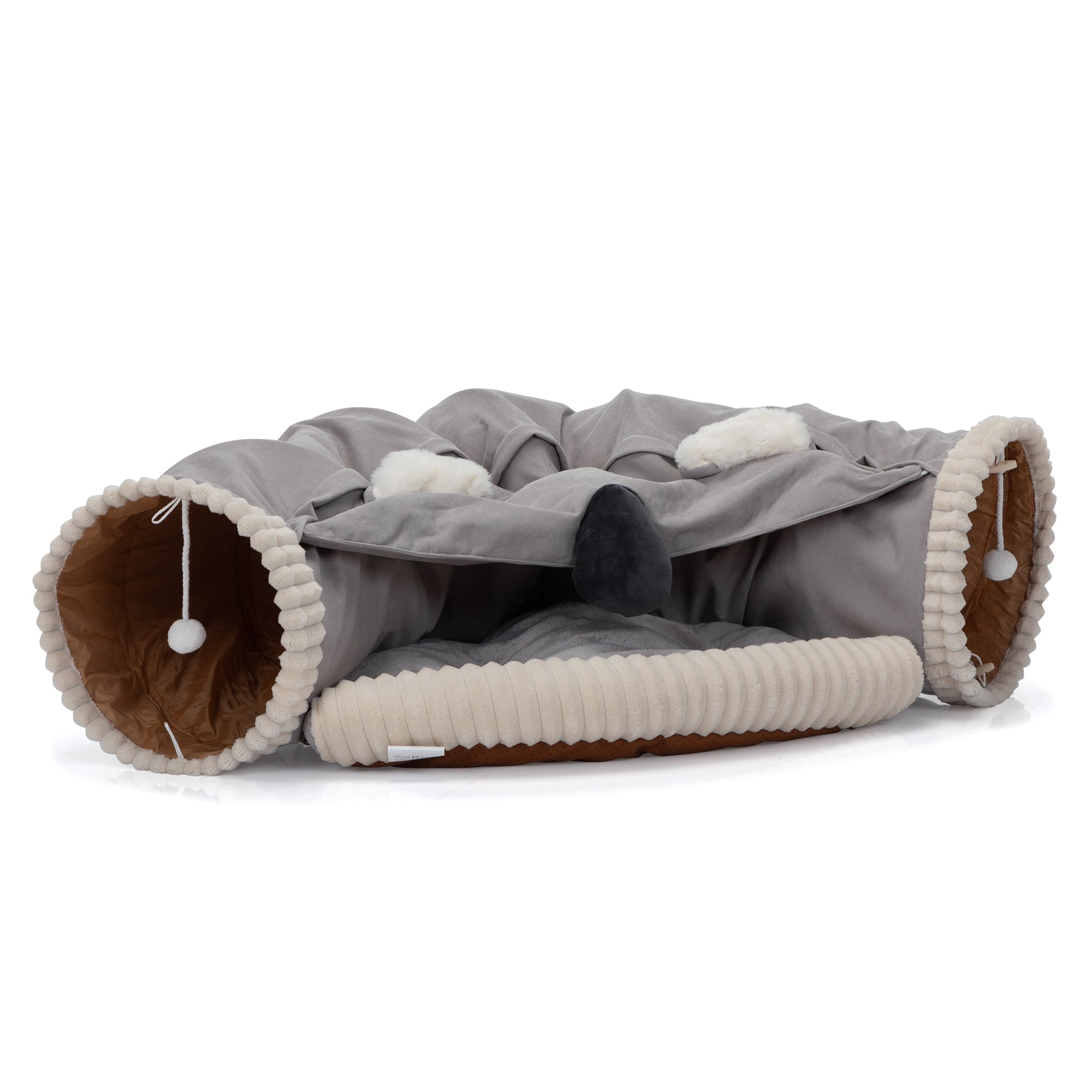 Collapsible Cat Tunnel Bed For Indoor Cats Washable Cat Hide Tunnel With Hanging Toys And Cushion Mat Gray