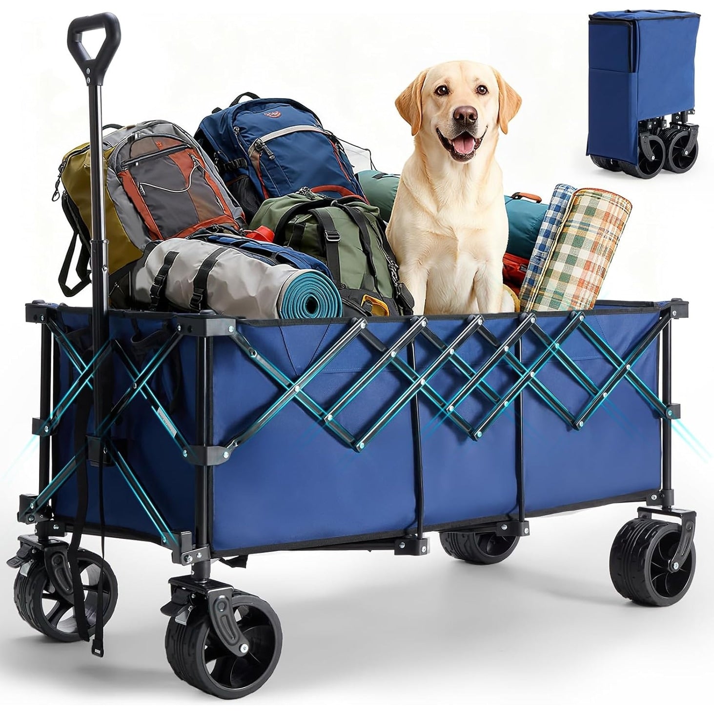 Collapsible Wagon Cart 440Lbs Foldable Extra Long Heavy Duty Utility Wagon With Wheels Portable Storage Grocery Cart