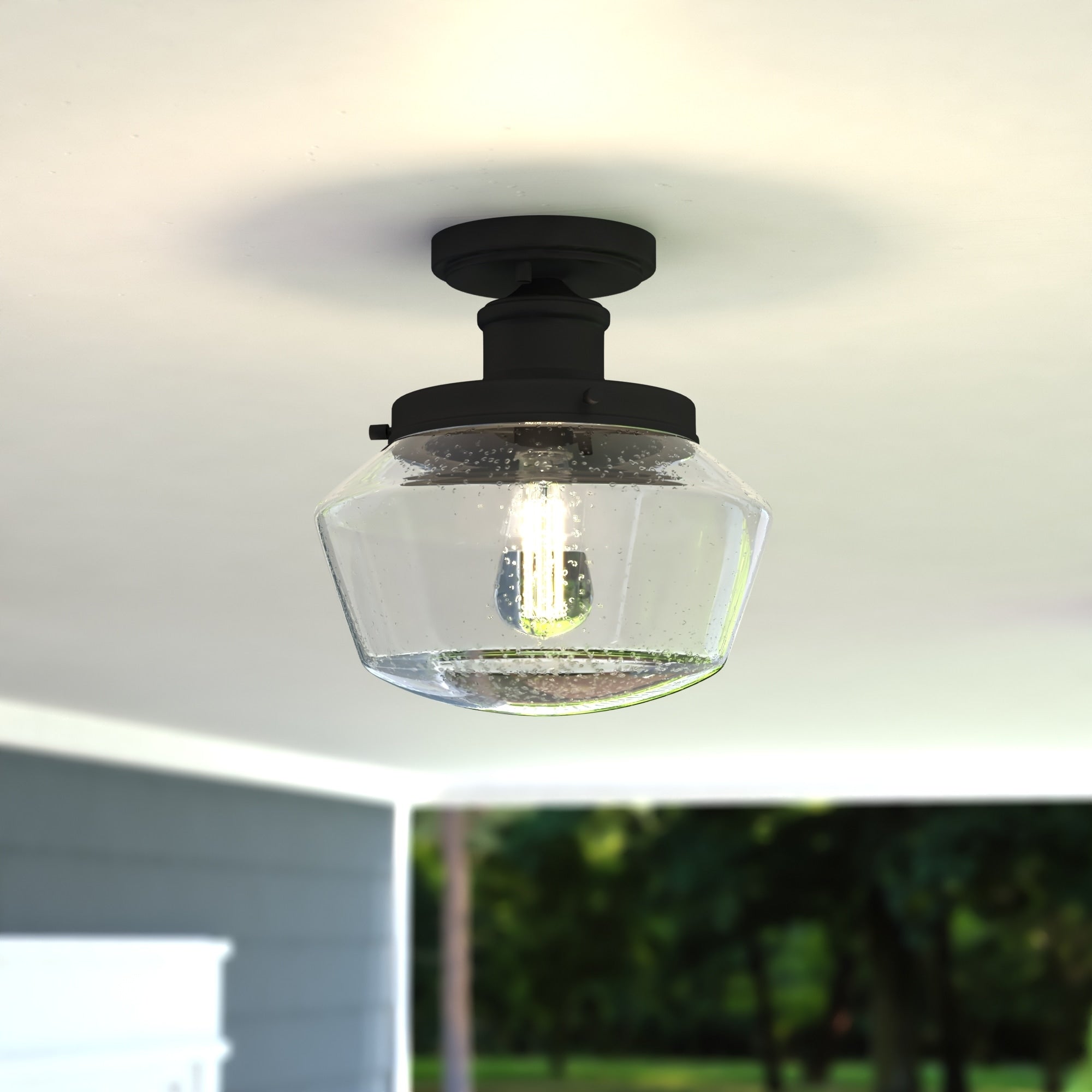 Collins Black Farmhouse Outdoor Flush Mount Ceiling Light Clear Schoolhouse Glass 10 In. W X 10.5 In. H X 10 In. D