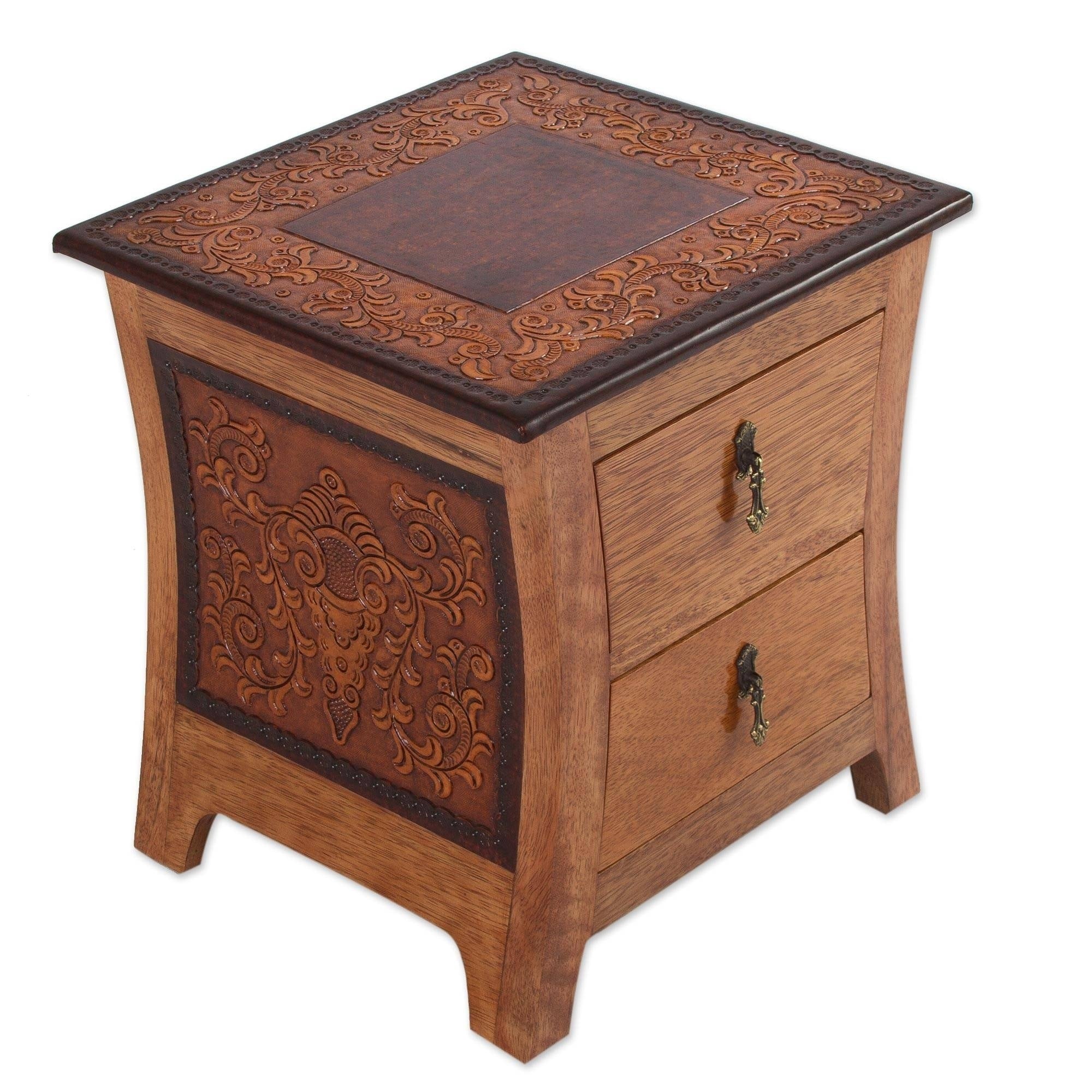 Colonial Floral Night Artisan Designer Furniture Brown Tornillo Wood Handtooled Leather Side End Accent Table Nightstand Peru