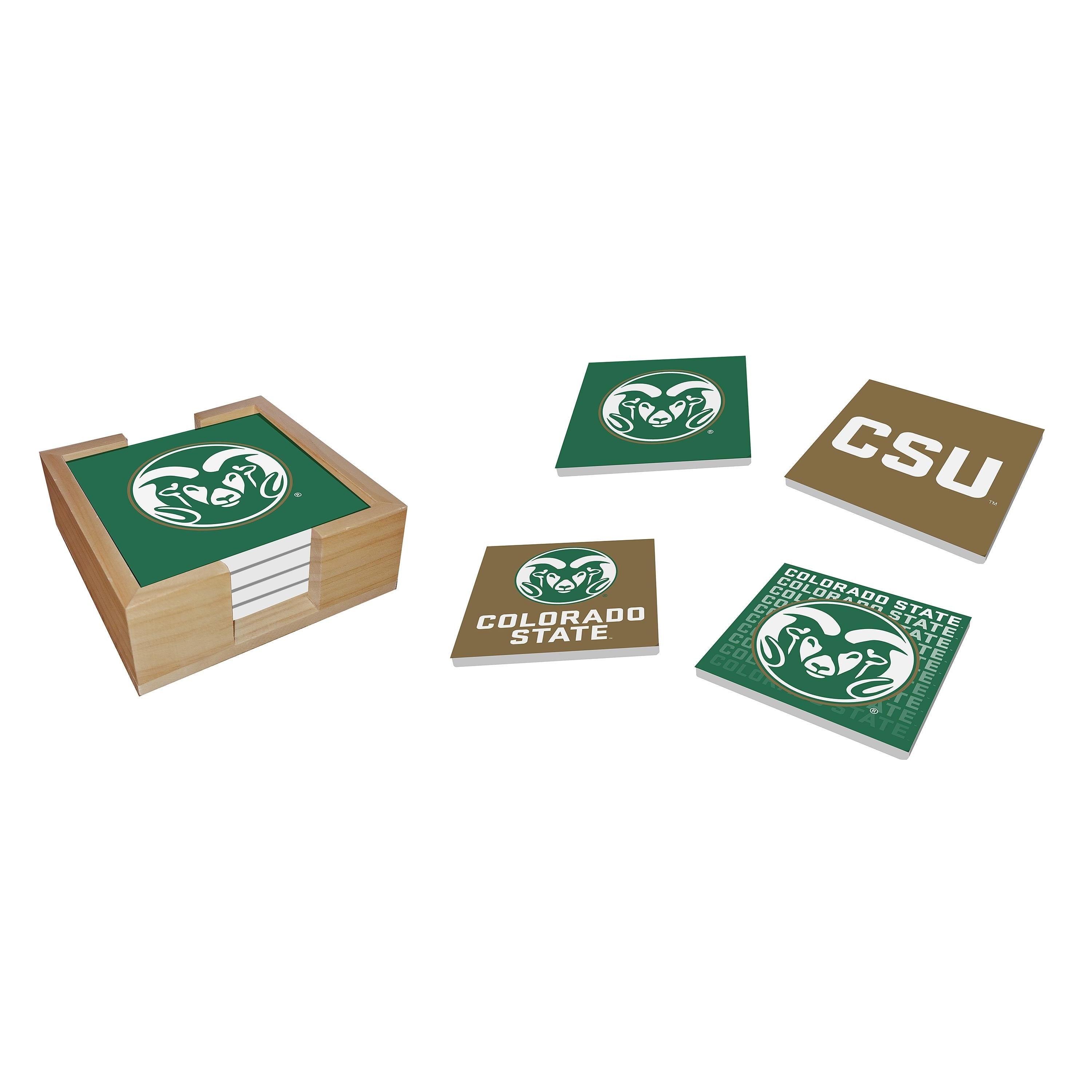 Colorado State University 4 Piece Ceramic Coasters Set With Wood Caddy