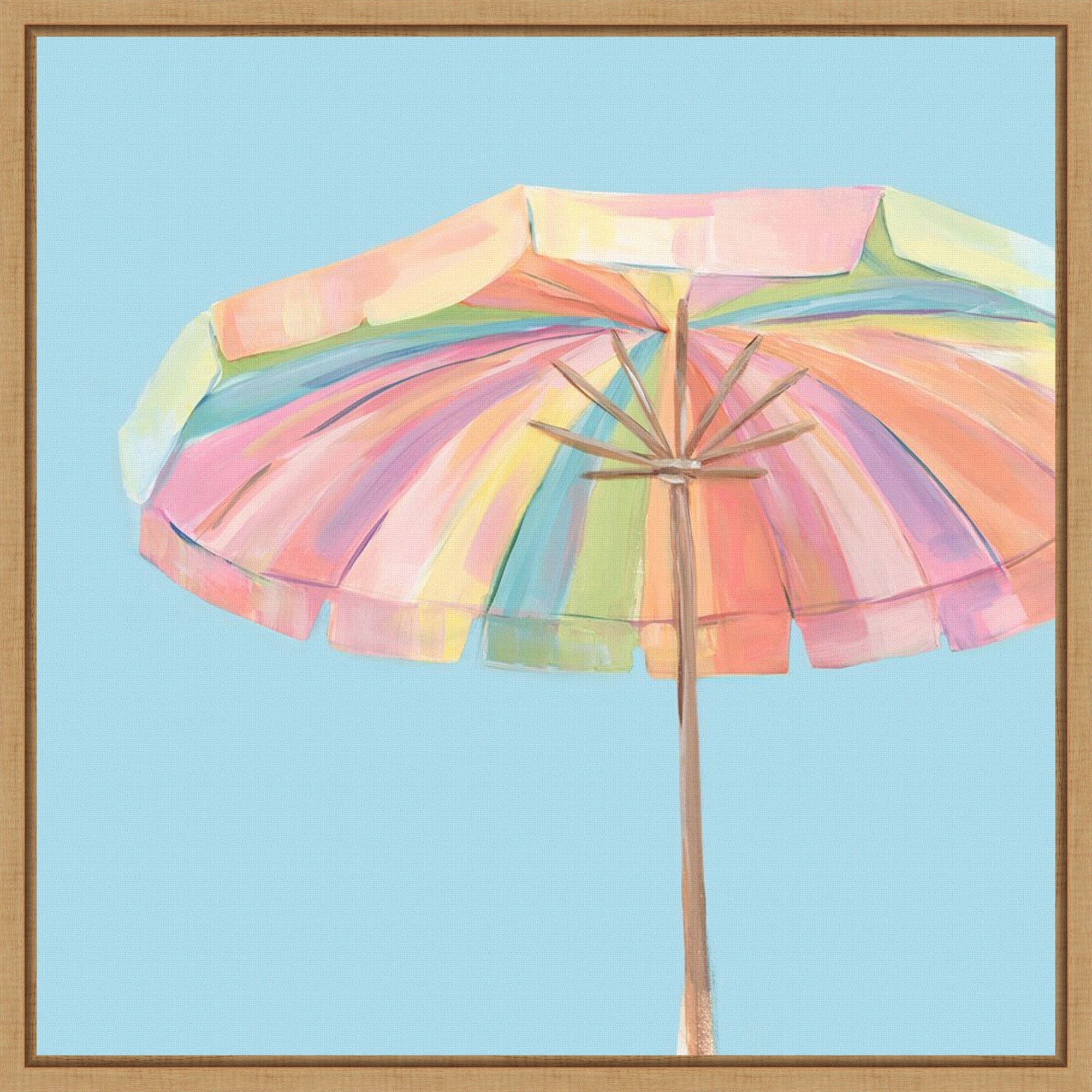 Colorful Beach Umbrella Against Sky By Hannah Dawson Framed Canvas Wall Art