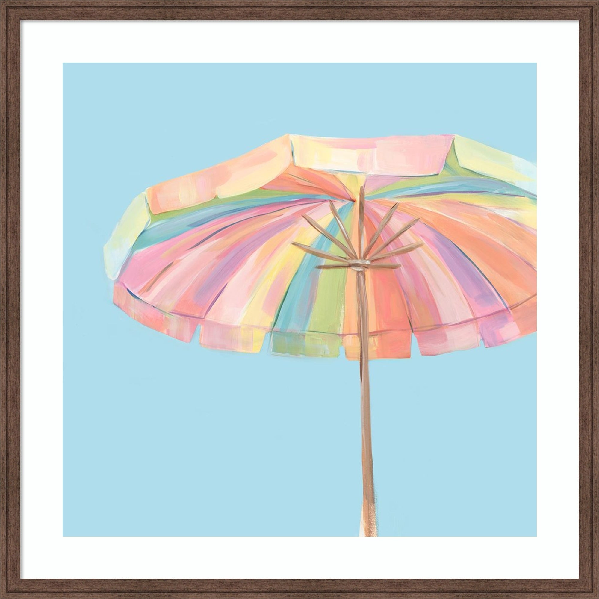 Colorful Beach Umbrella By Hannah Dawson Wood Framed Wall Art Print