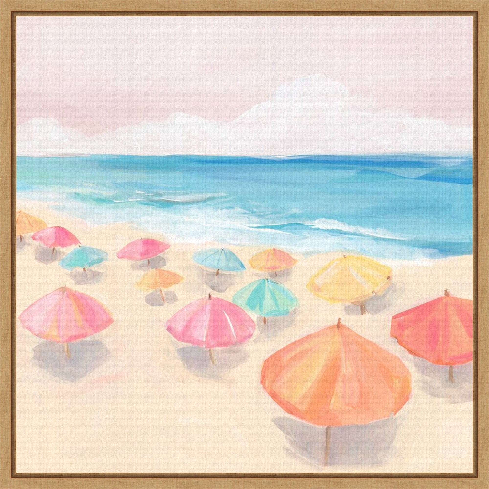 Colorful Umbrellas By The Sea By Hannah Dawson Framed Canvas Wall Art