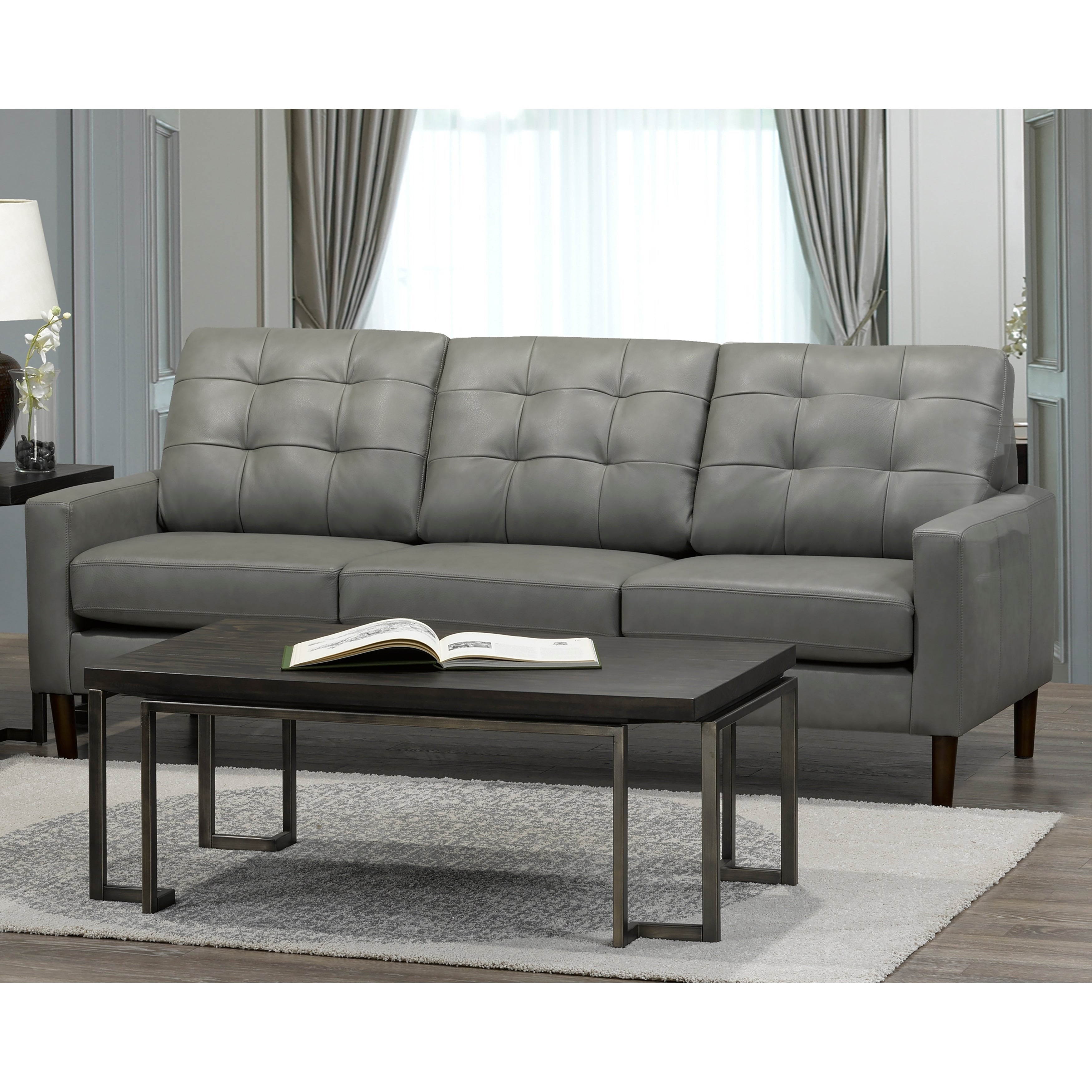 Colt Mid Century Modern Grey Top Grain Italian Leather Tufted Sofa