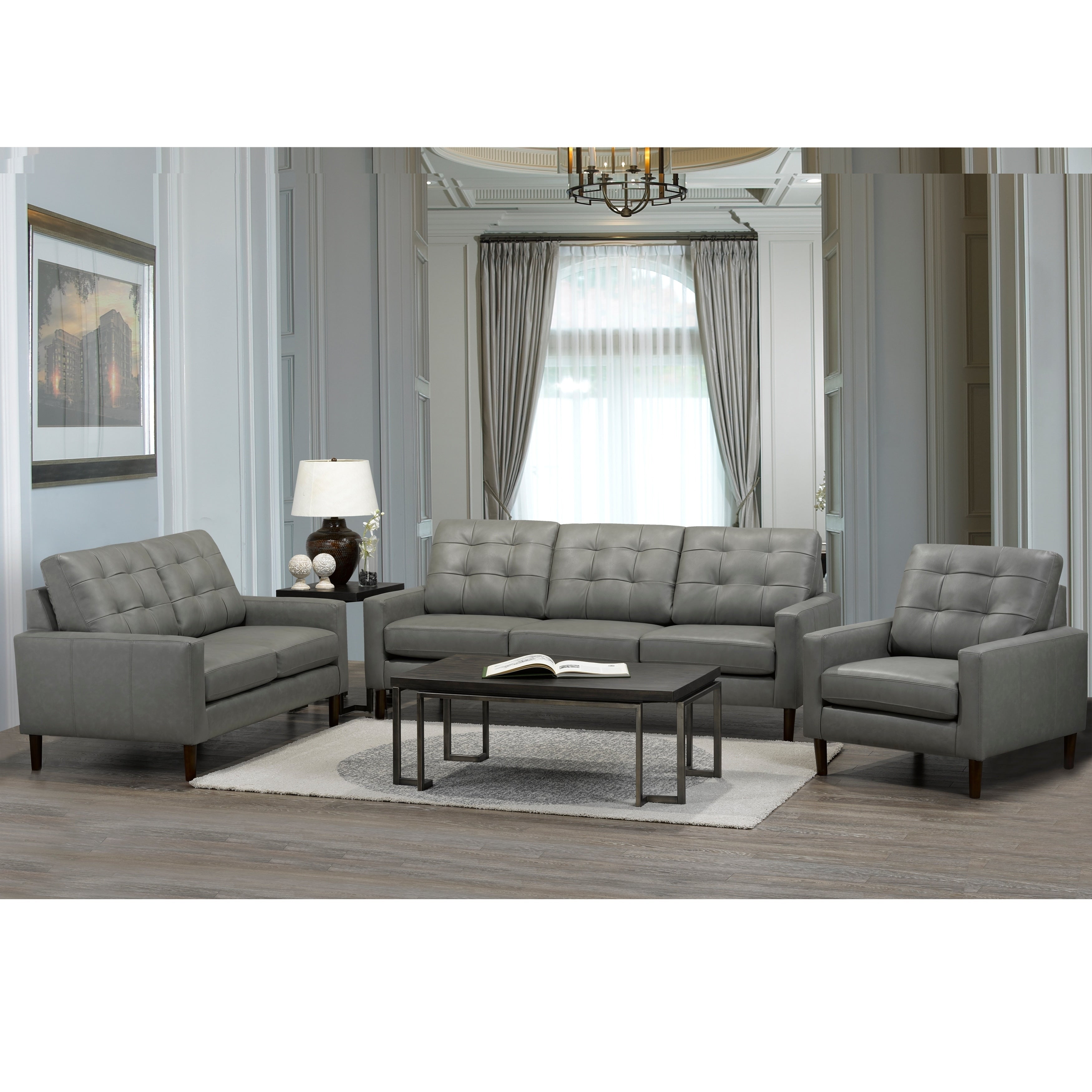 Colt Mid Century Modern Grey Top Grain Italian Leather Tufted Sofa Loveseat And Chair