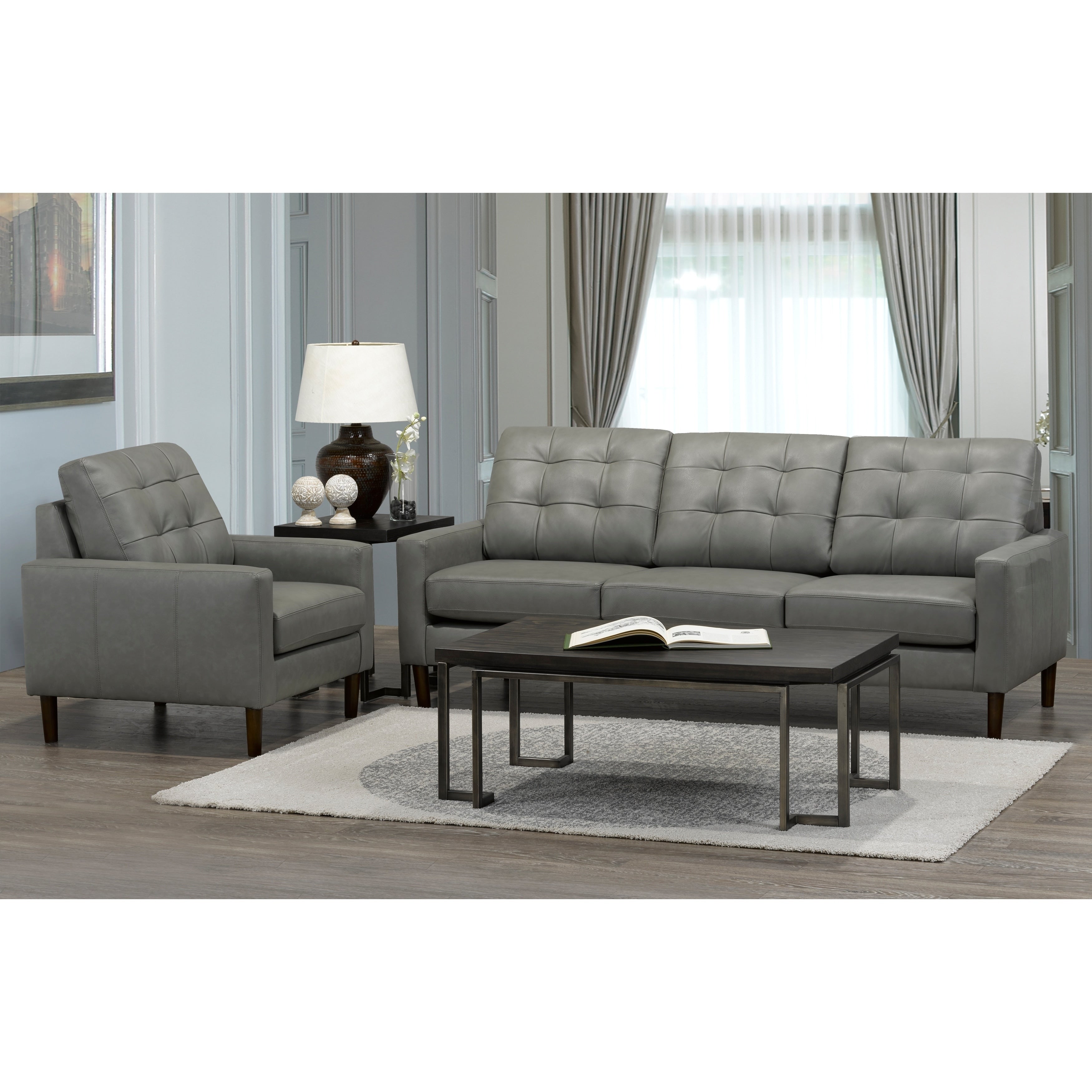 Colt Mid Century Modern Grey Top Grain Italian Leather Tufted Sofa And Chair