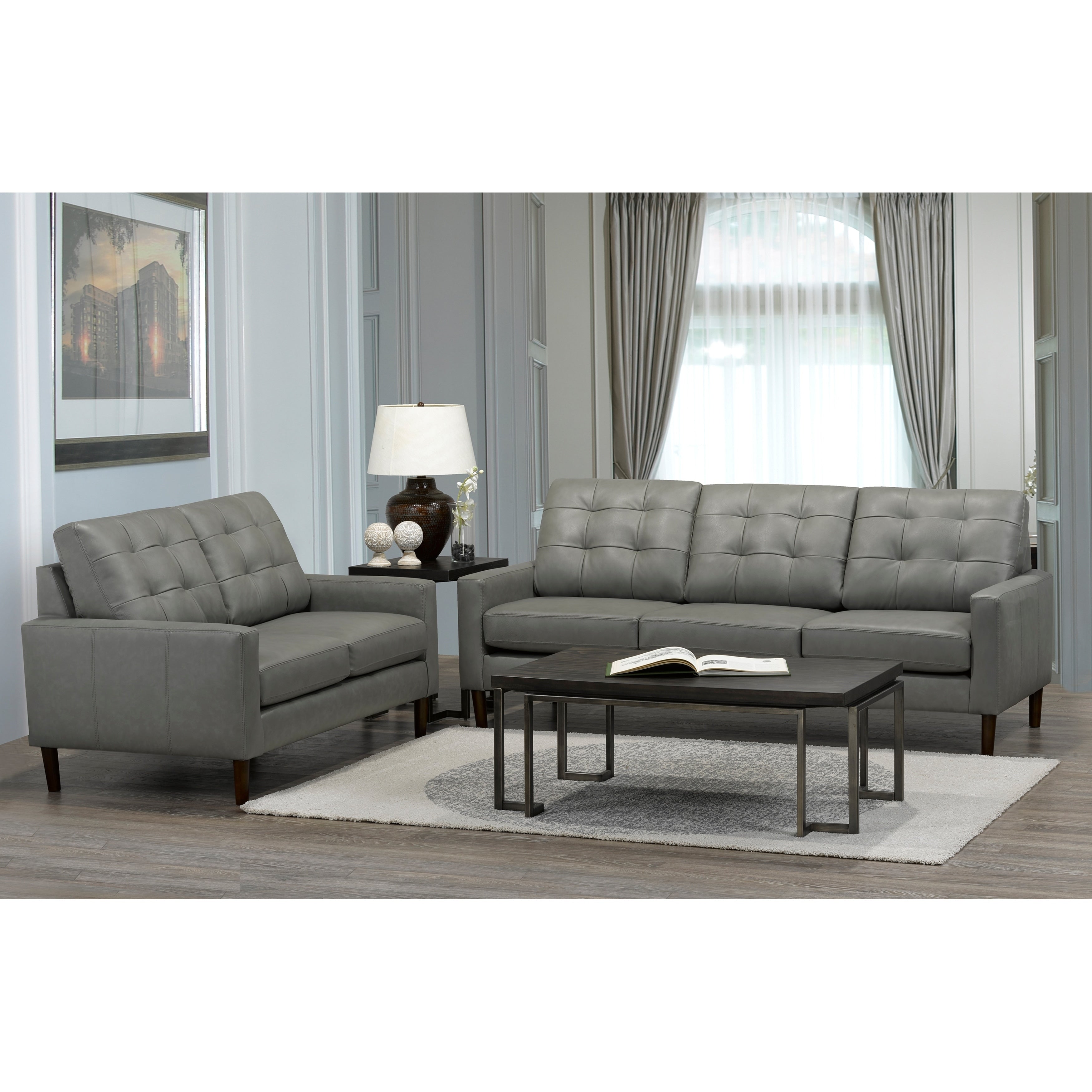 Colt Mid Century Modern Grey Top Grain Italian Leather Tufted Sofa And Loveseat