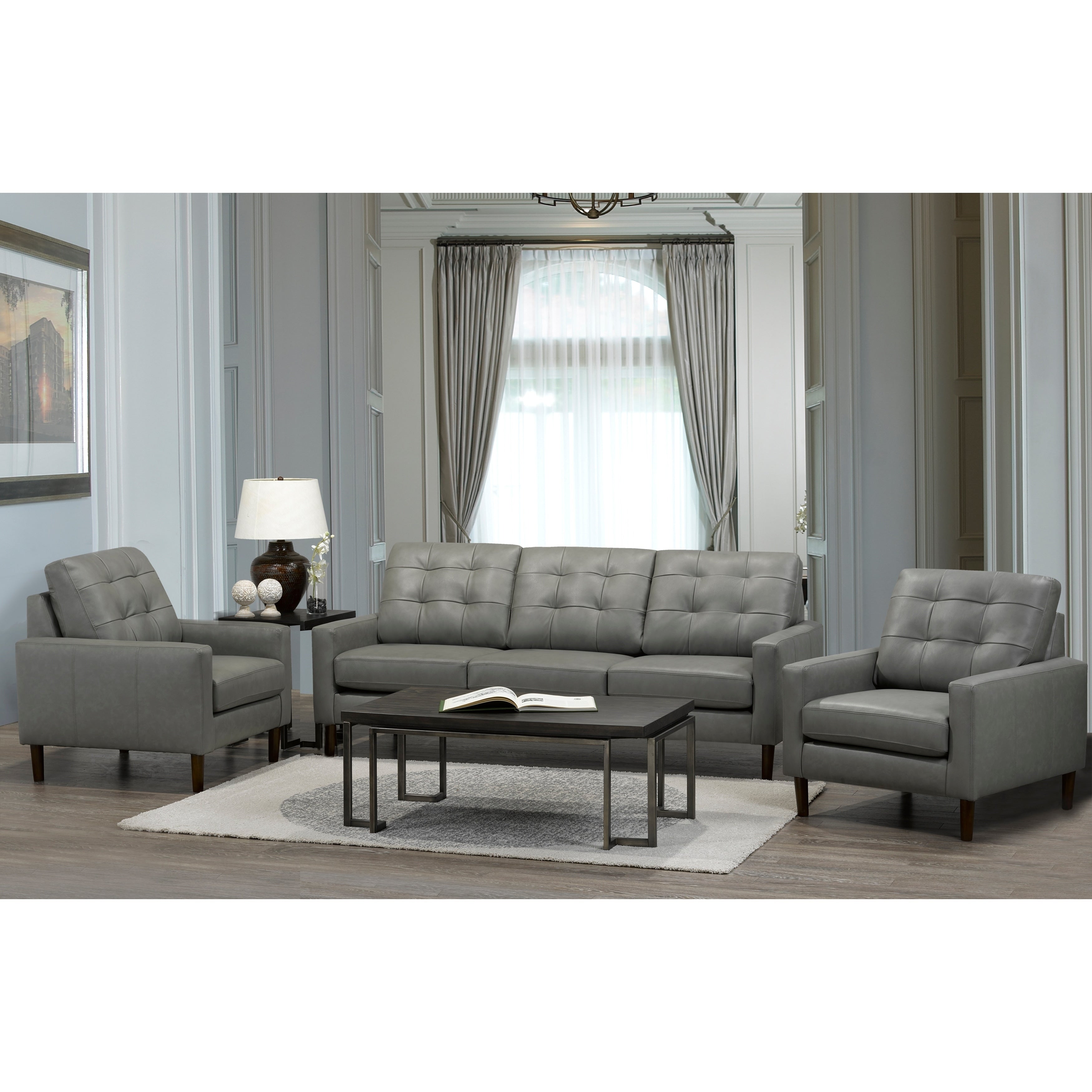 Colt Mid Century Modern Grey Top Grain Italian Leather Tufted Sofa And Two Chairs