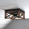 Colton Rustic Oak Wood And Bronze Industrial Cage Ceiling Light 12 In W X 6.5 In H X 12 In D