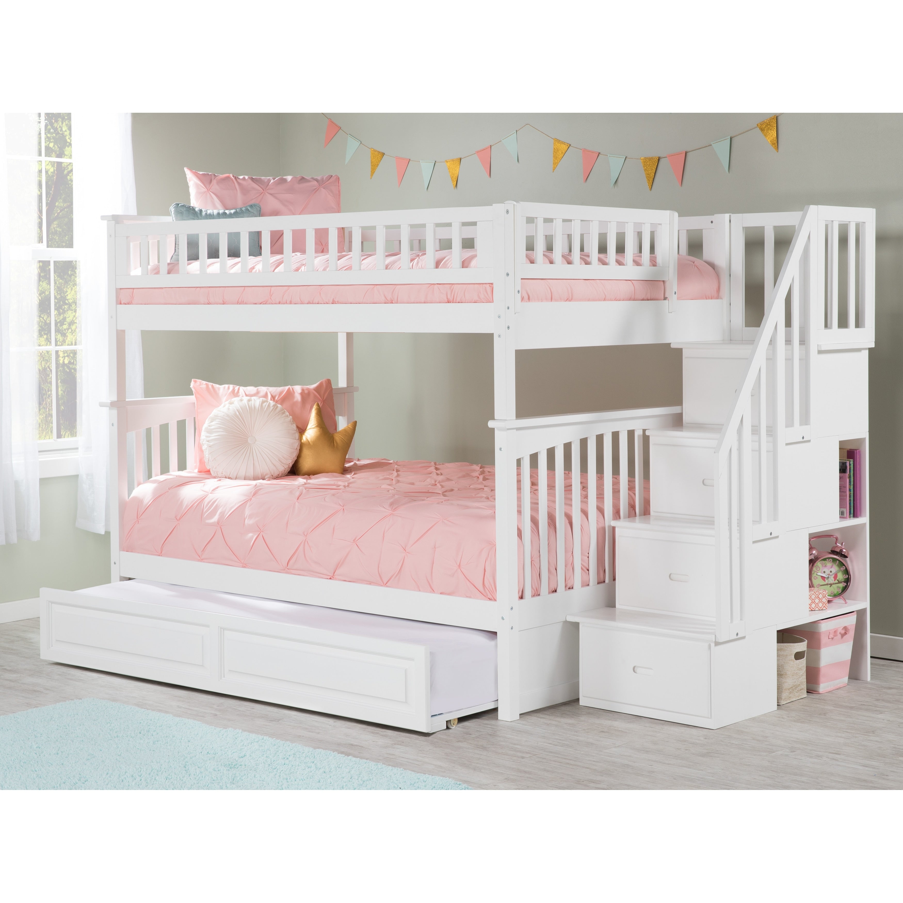 Columbia White Full Over Full Staircase Bunk Bed And Trundle Set