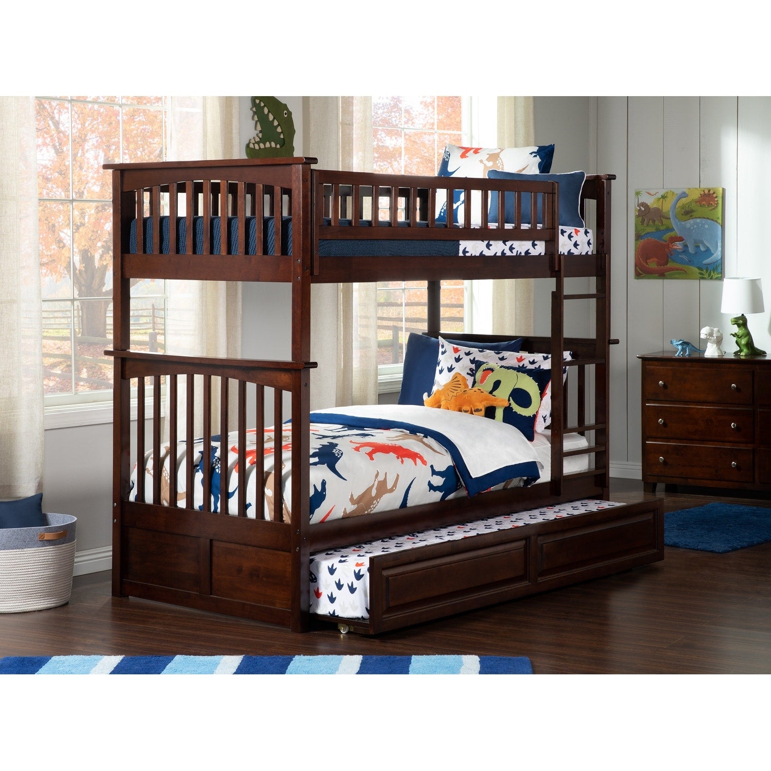 Columbia Twin Over Twin Bunk Bed With Raised Panel Trundle Bed In Walnut