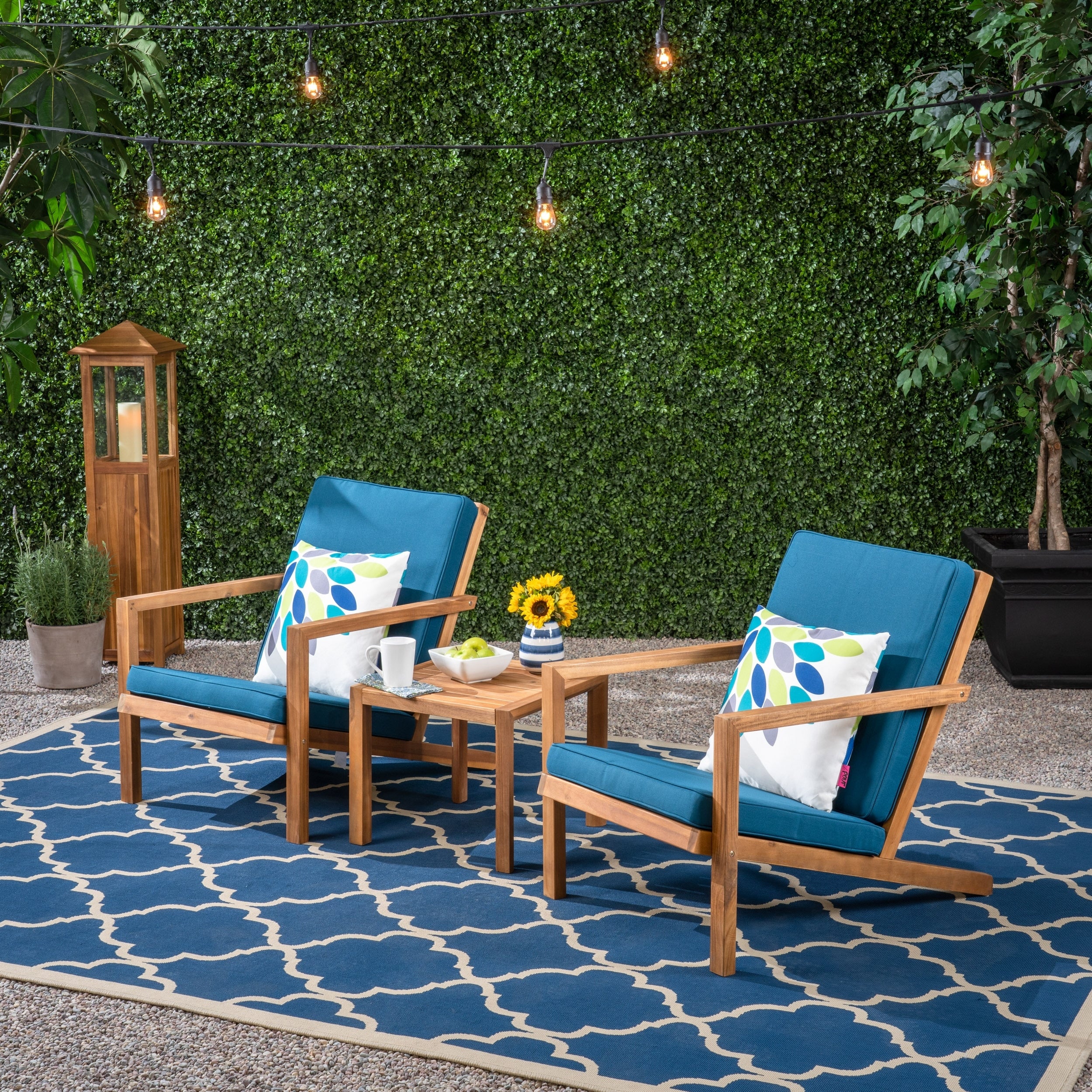 Comfy Chat Set Upholstered Chair Set With Soft Cushion Brown Blue Outdoor Conversation Set With Wood Side Table