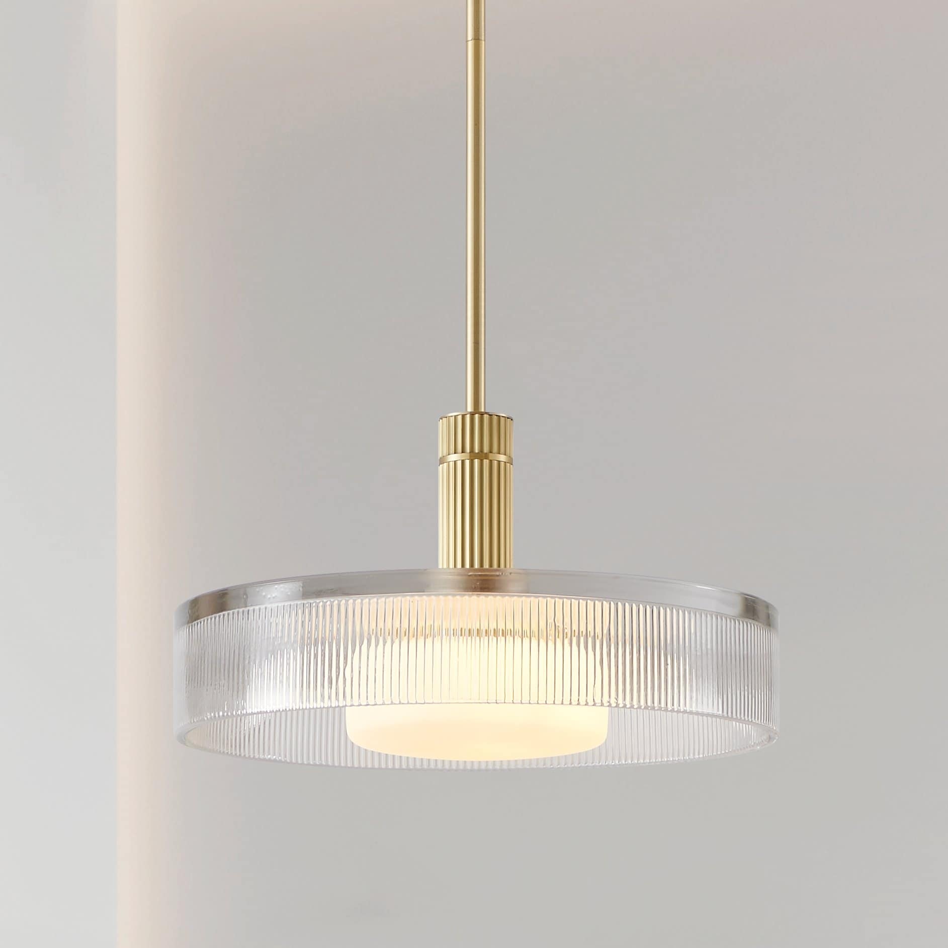 Como 18 Inch 1 Light Champagne Gold Convertible Pendant With Clear Ribbed And Opal Glass Shade
