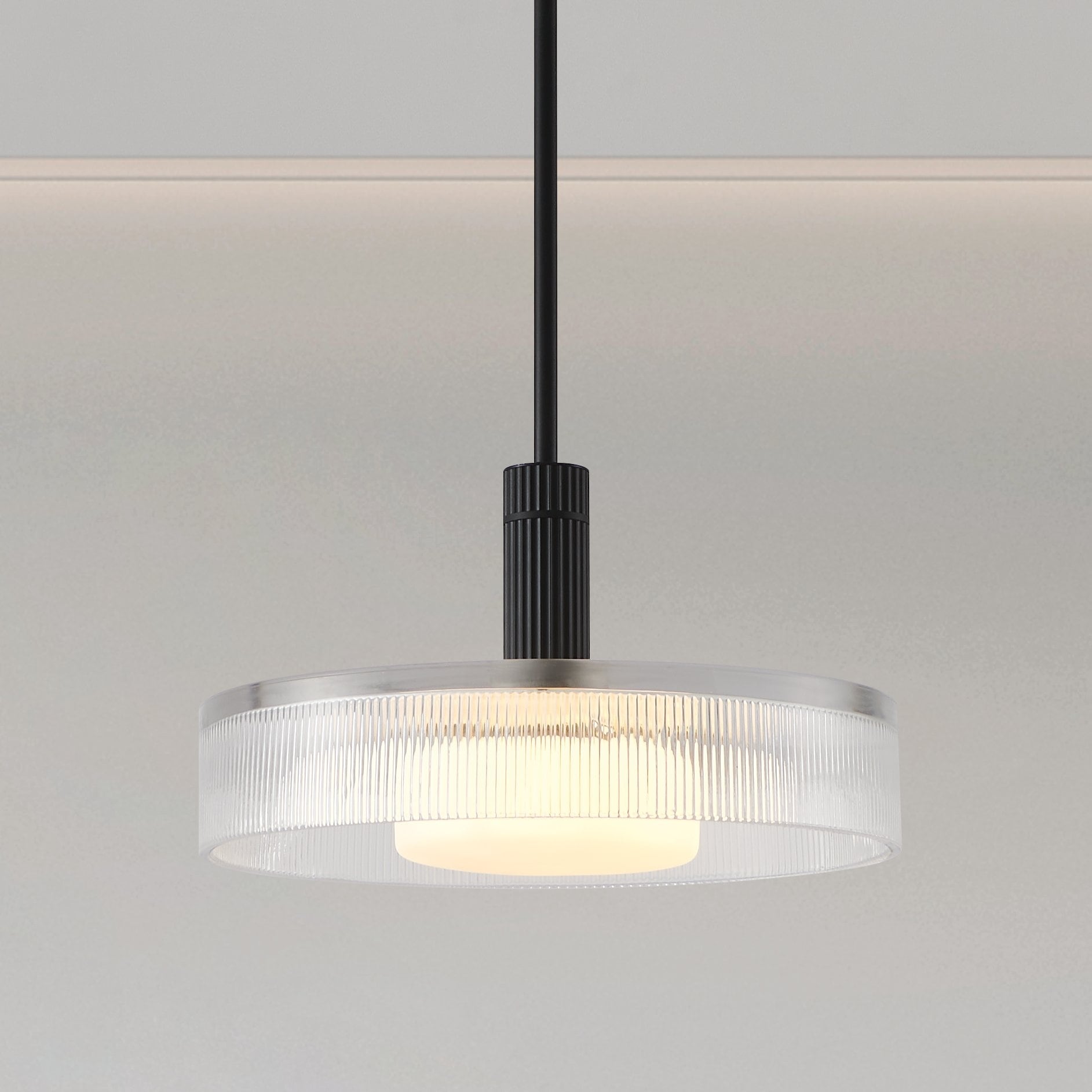 Como 18 Inch 1 Light Matte Black Convertible Pendant With Clear Ribbed And Opal Glass Shade