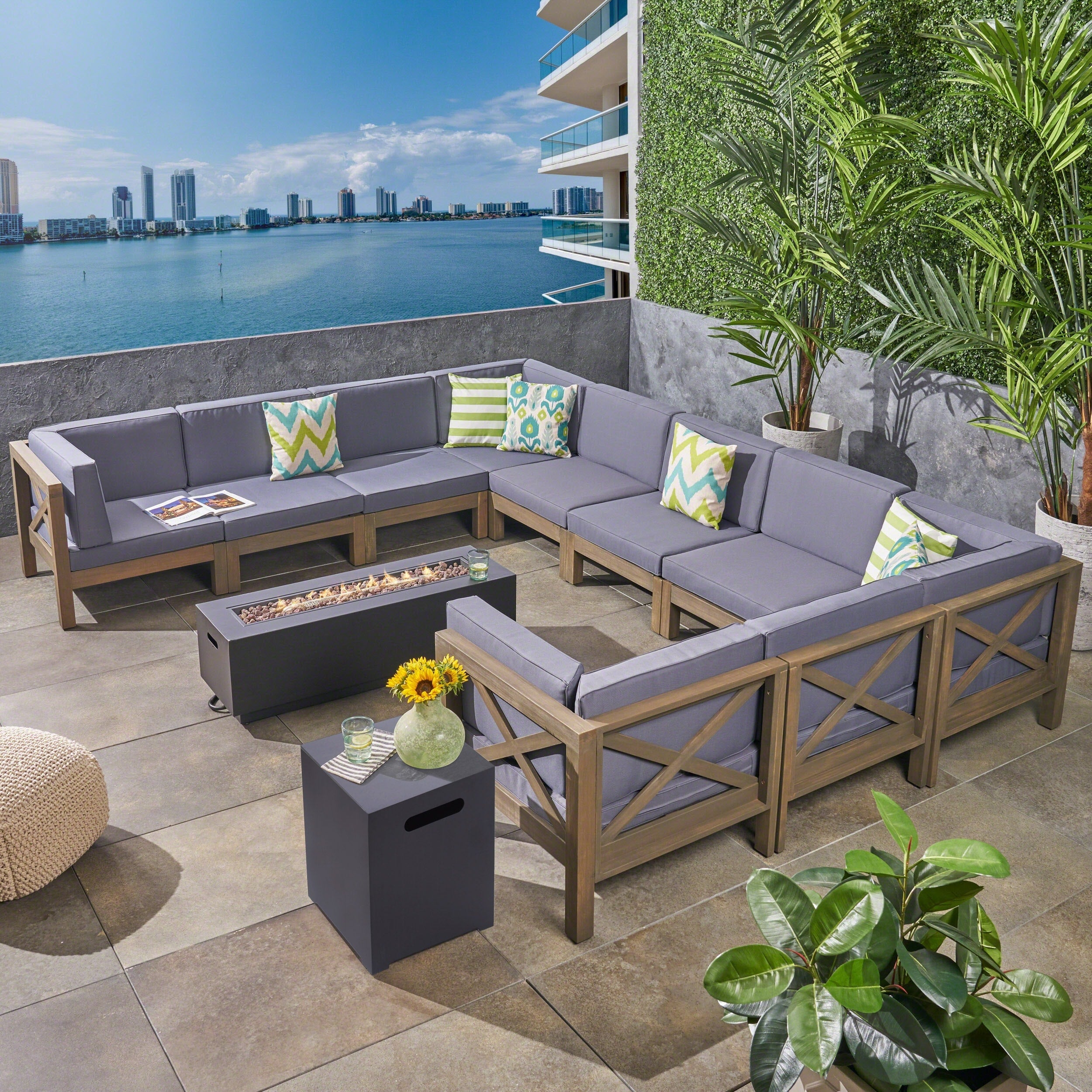 Comores Outdoor 12 Piece Acacia Wood Sectional Sofa Set With Fire Pit By Christopher Knight Home