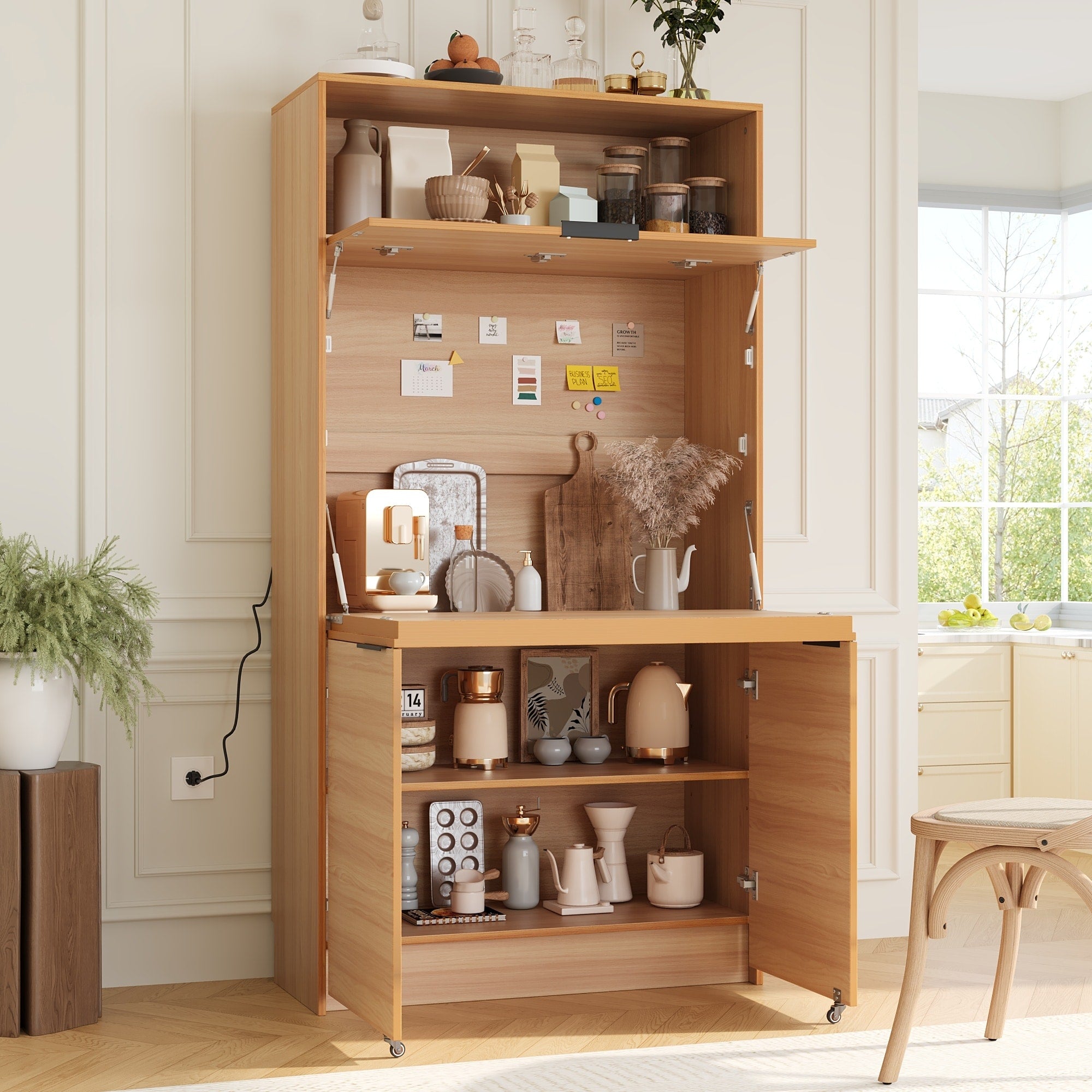 Compact Kitchen Pantry 69H Buffet With Hutch And Foldable Workstation