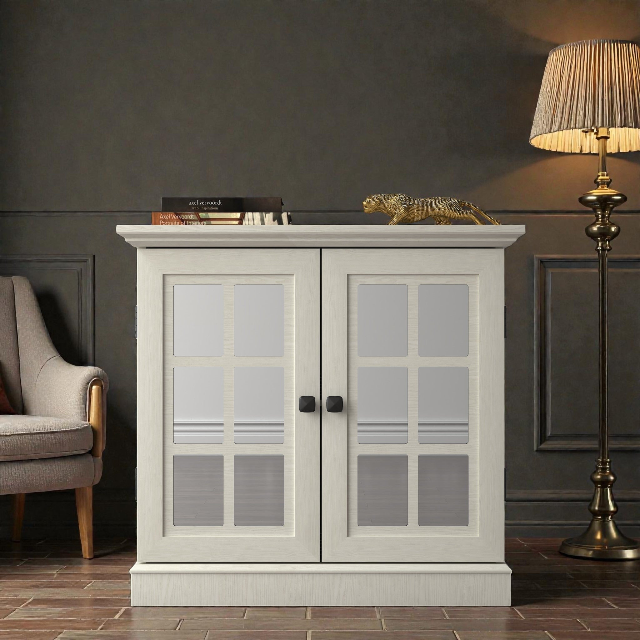 Compact Sideboard Cabinet With Decorative Acrylic Mirrored Doors Adjustable Shelf Storage For Dining Room
