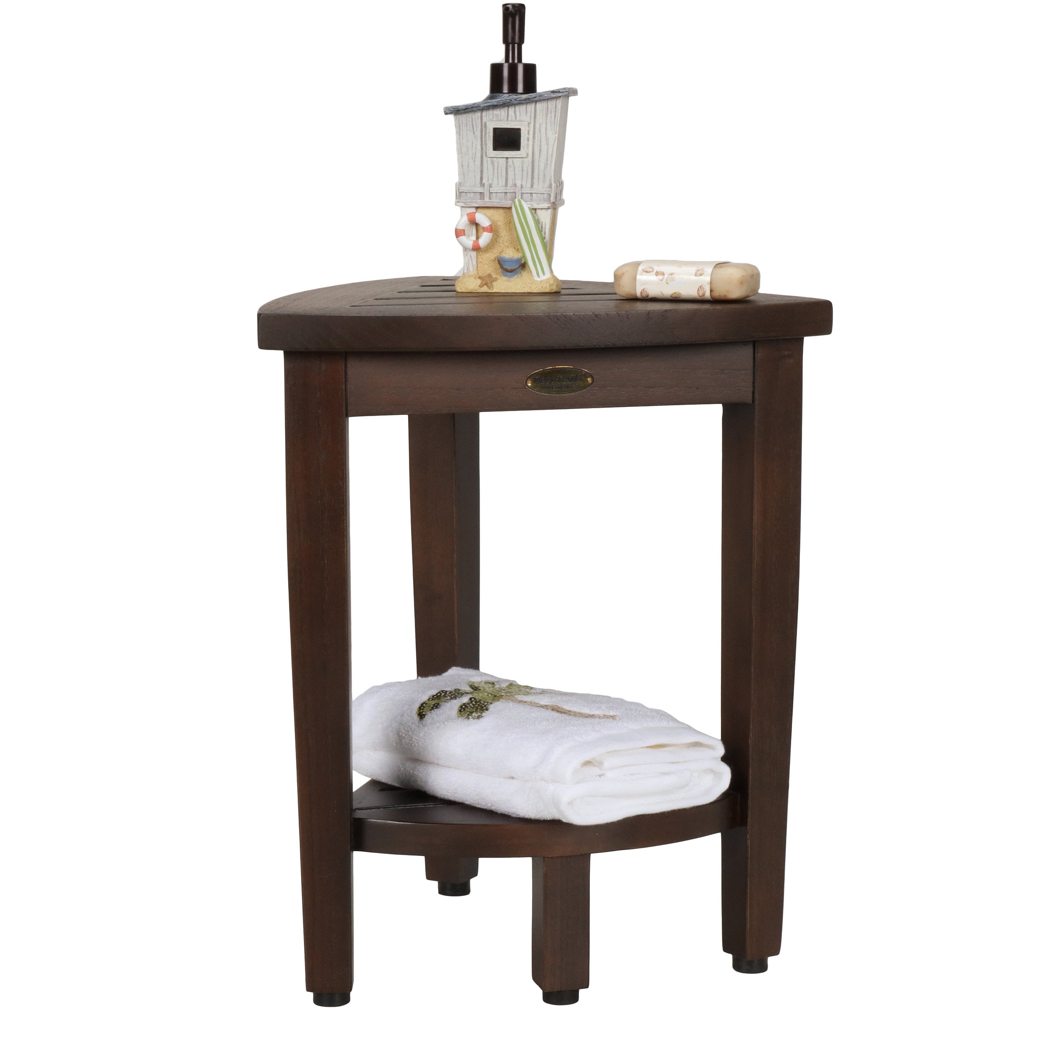 Compact Teak Corner Shower Shaving Bench With Shelf Decoteak Oasis In Signature Woodland Brown Finish