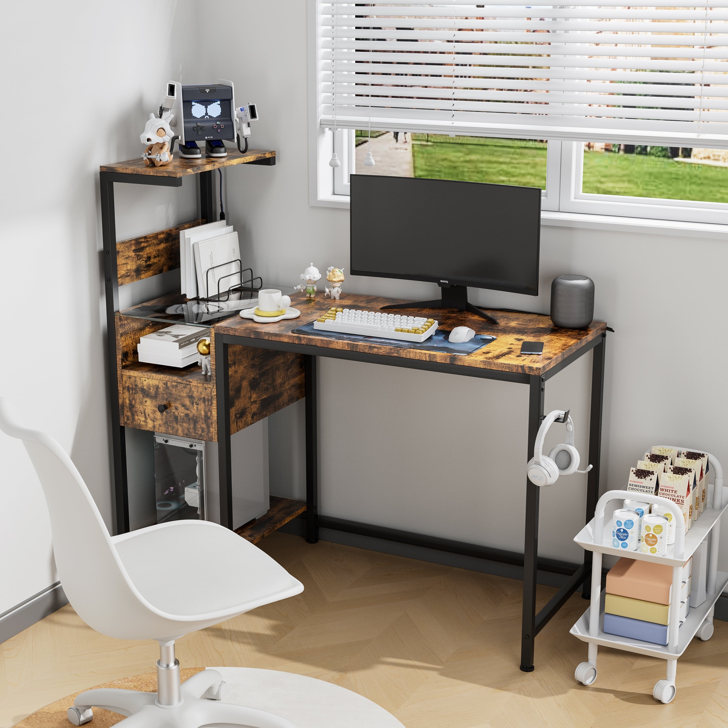 Computer Desk With Power Outlet Storage Shelves