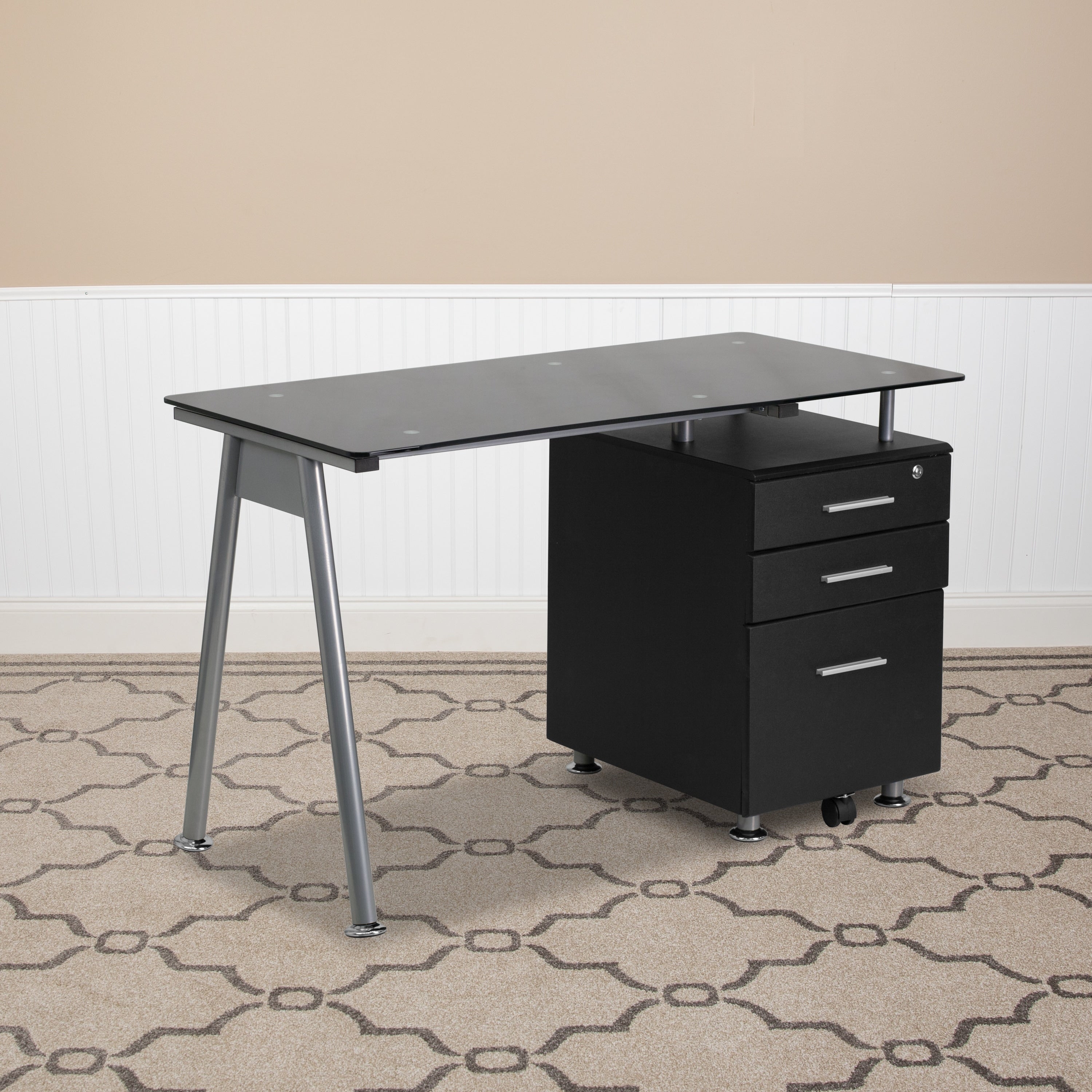 Metal Wood Glass Black Pedestal Computer Desk